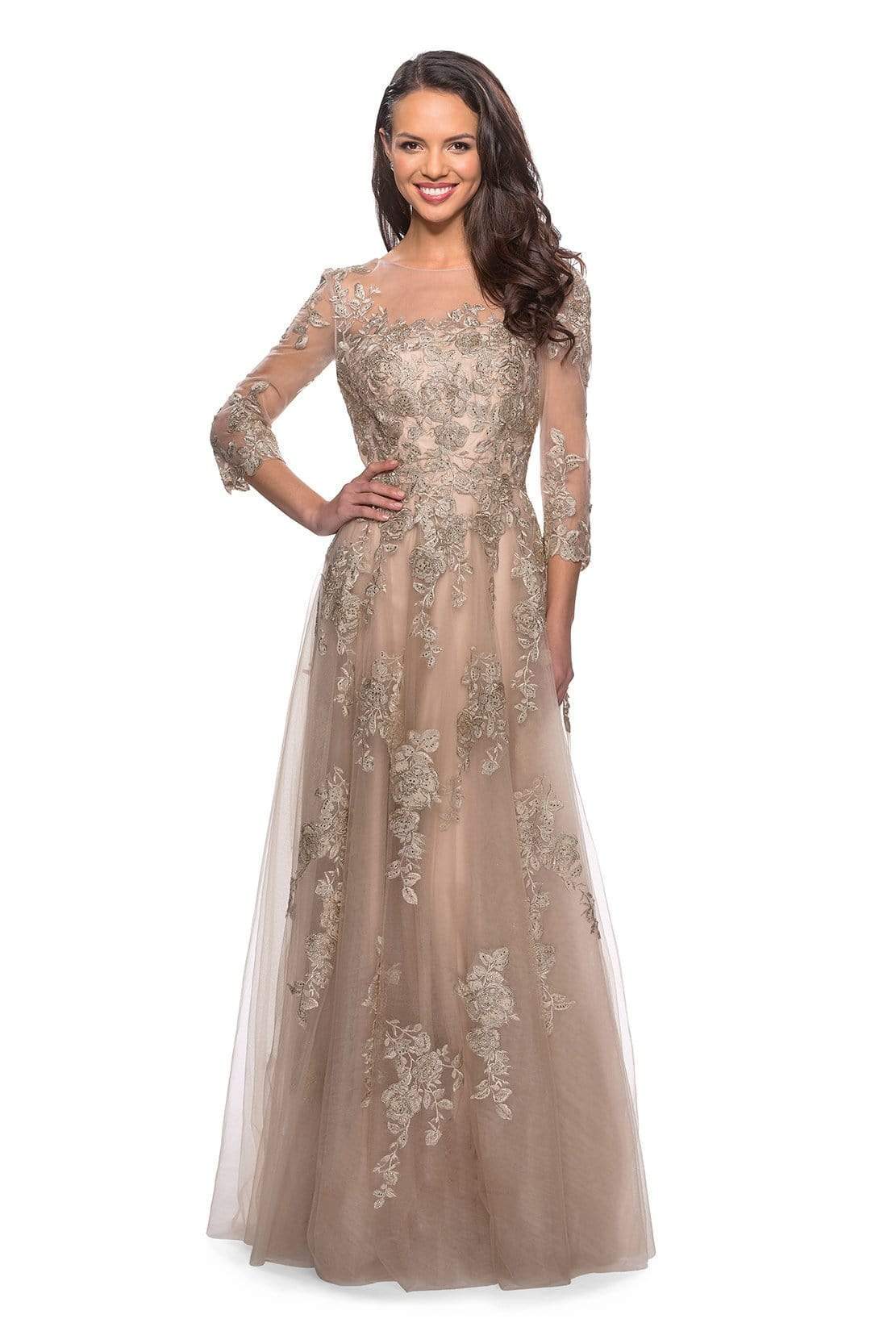 Image of La Femme - 27733 Quarter Sleeve Floral Embroidered Lace A-Line Gown