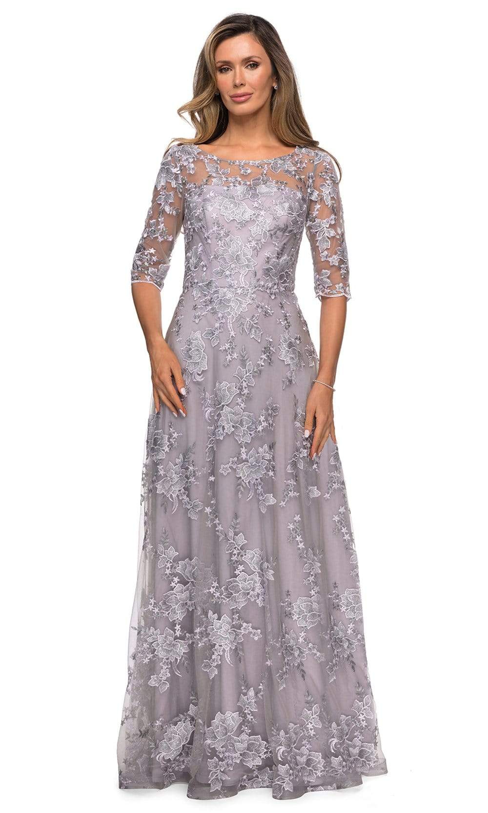 Image of La Femme - 27854 Embroidered Lace Quarter Sleeve A-Line Dress
