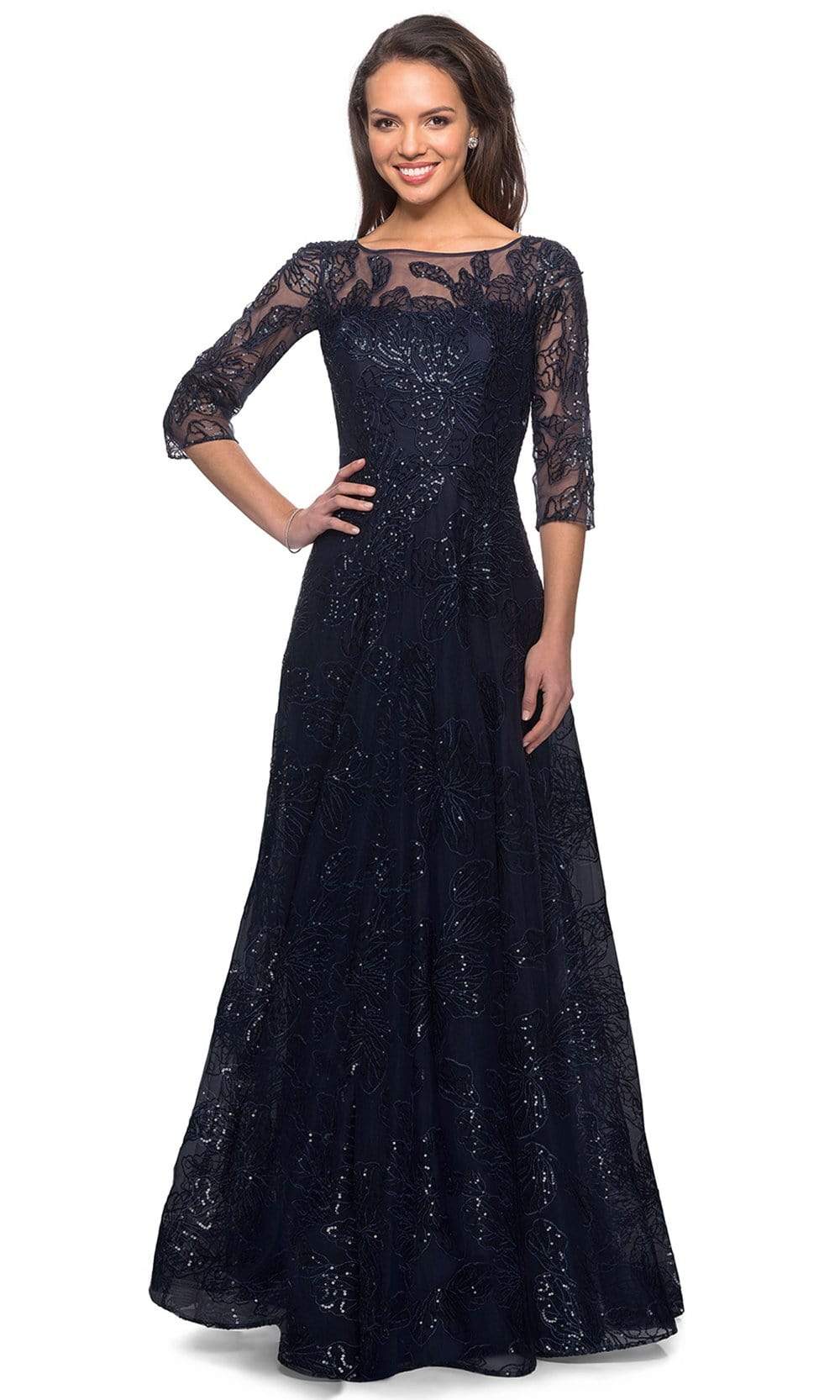 Image of La Femme - 27942 Quarter Sleeve Sequined Lace A-Line Dress