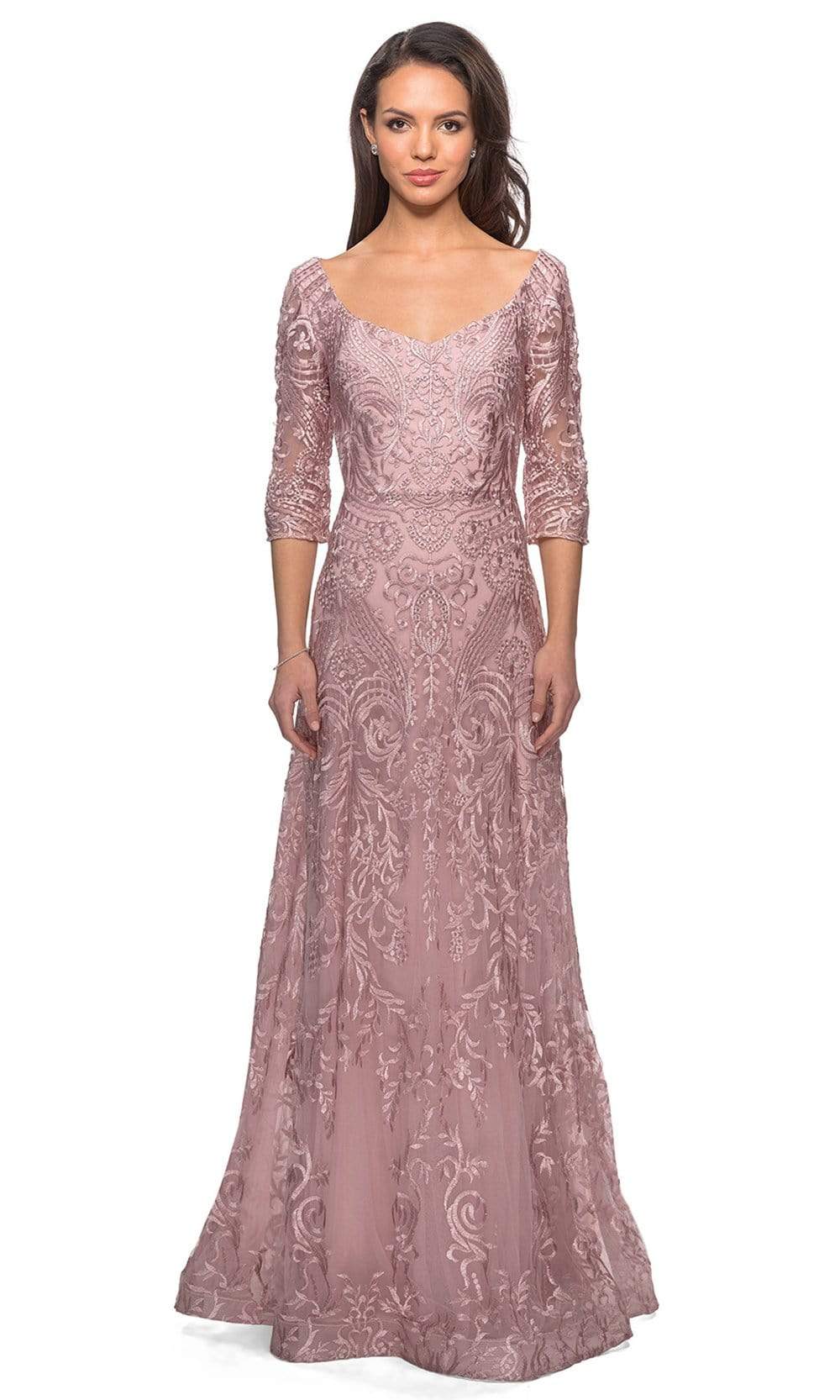 Image of La Femme - 27949 Embroidered Lace Overlay A-Line Gown