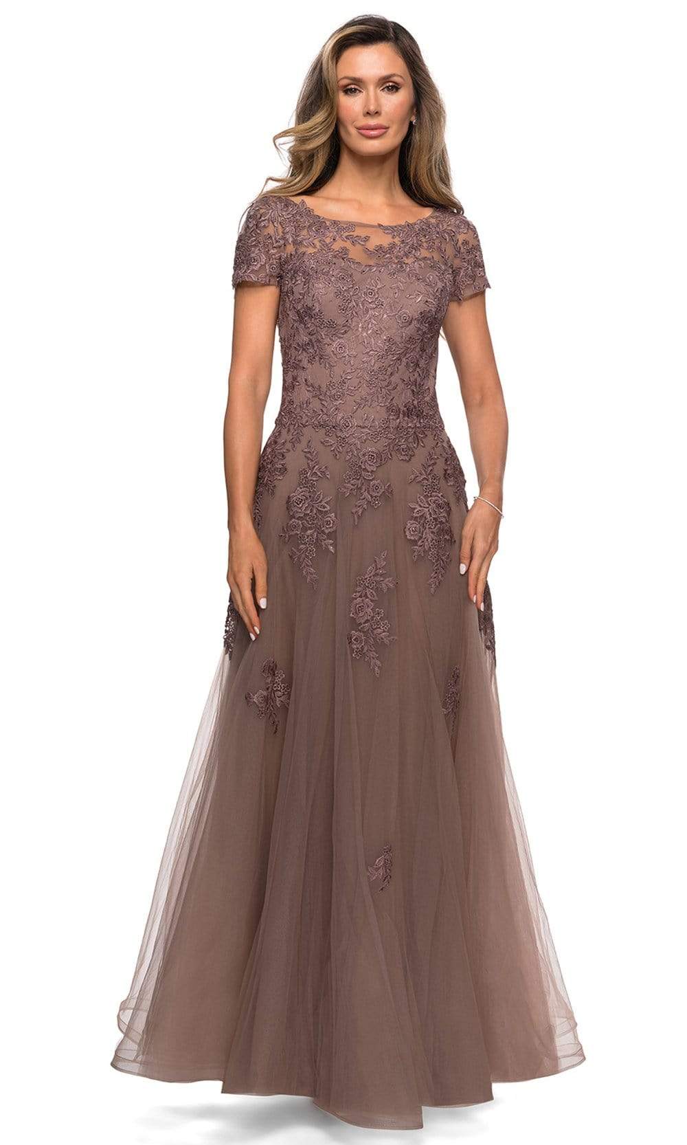 Image of La Femme - 27958 Embroidered Short Sleeve Tulle A-Line Dress