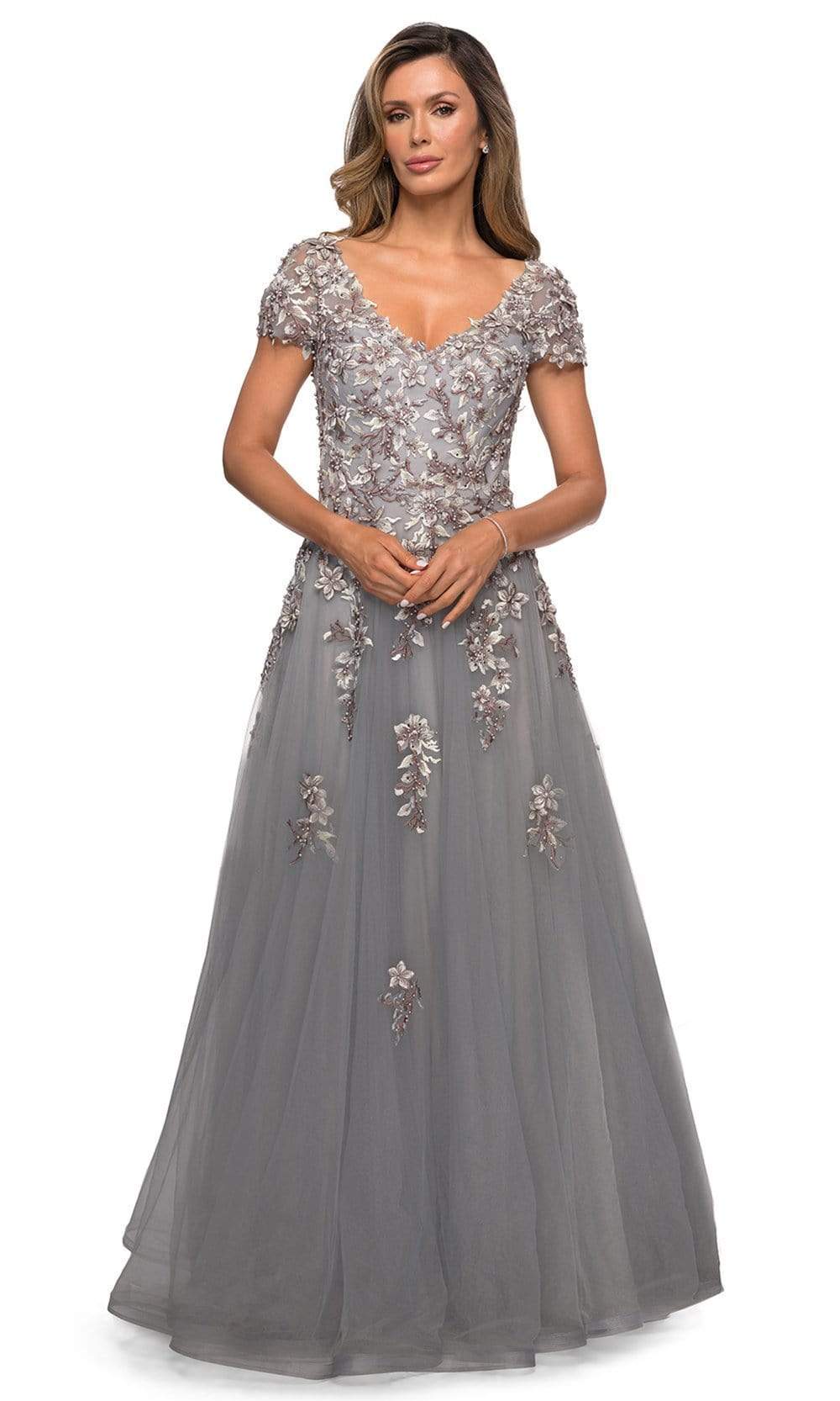Image of La Femme - 27968 V Neck Lace Appliques Evening Gown