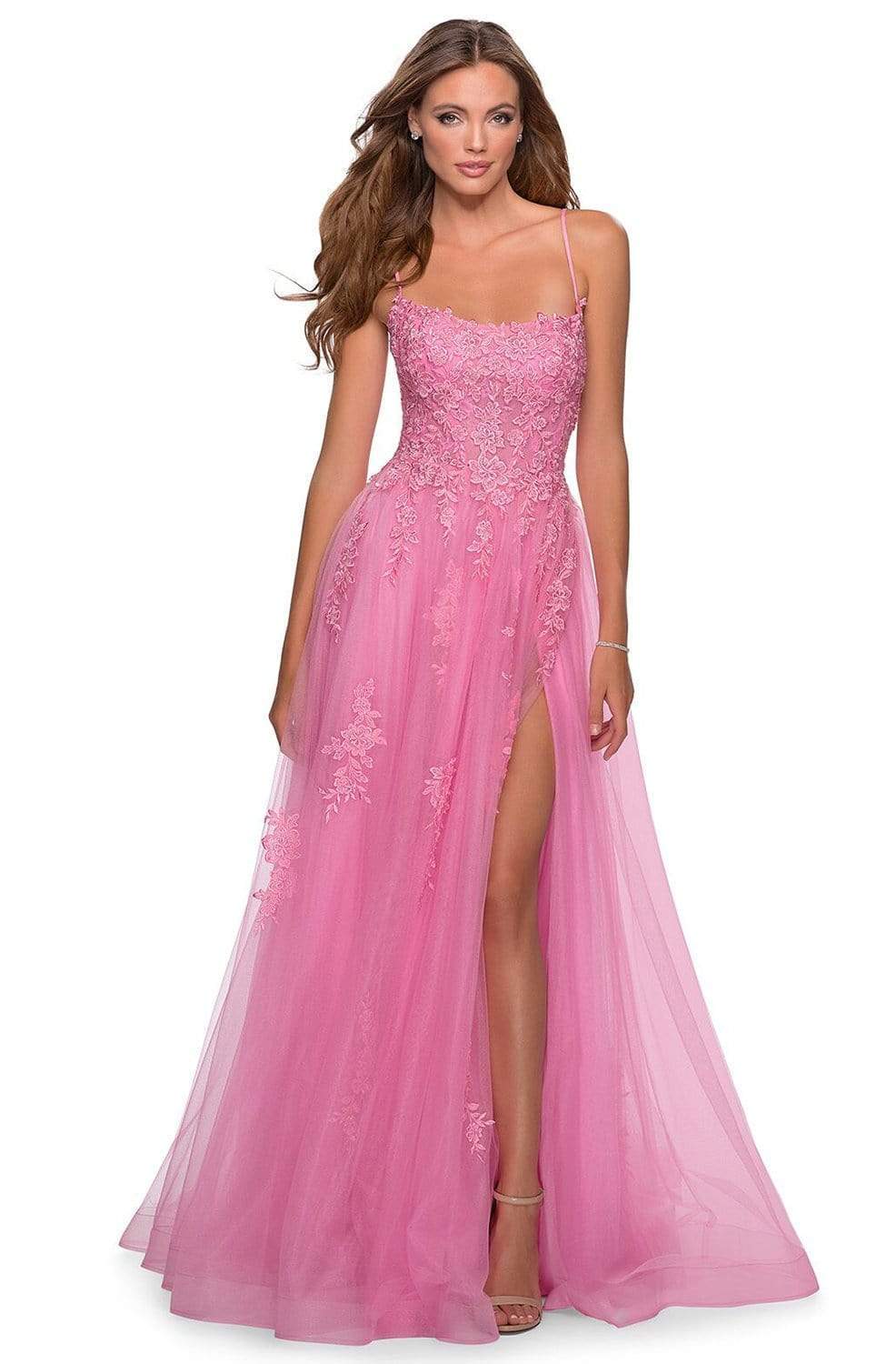 Image of La Femme - 28470 Floral Appliqued A-Line Simple Prom Tulle Gown