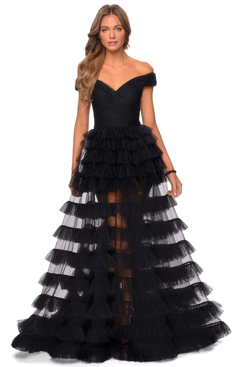 Image of La Femme - 28804 Off-Shoulder Tiered Ruffle A-Line Simple Prom Dress