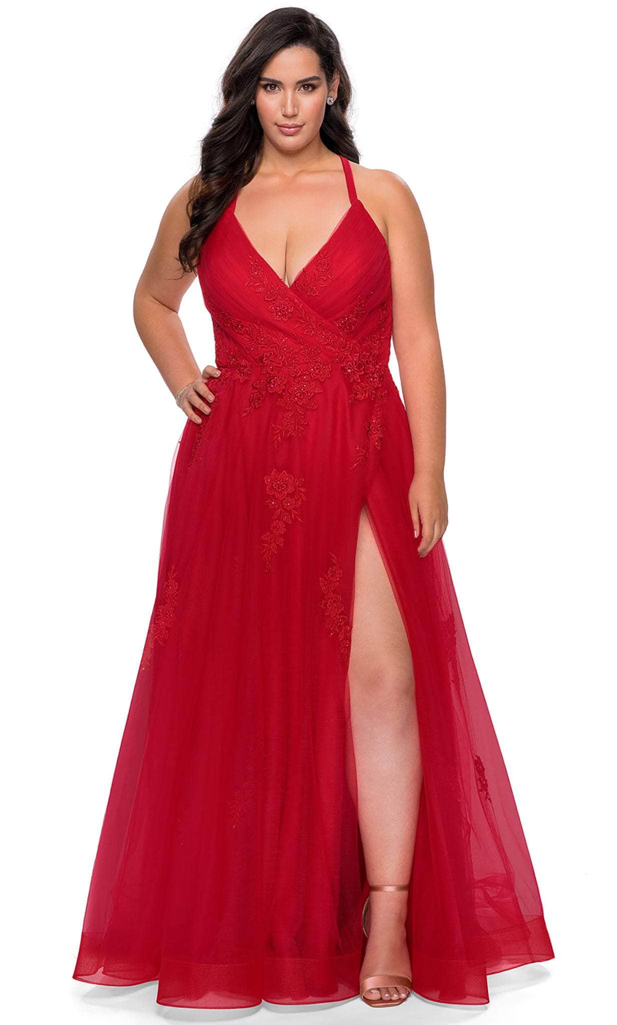 Image of La Femme - 29021 Plunging V-neck Tulle Plus Size Prom Gown