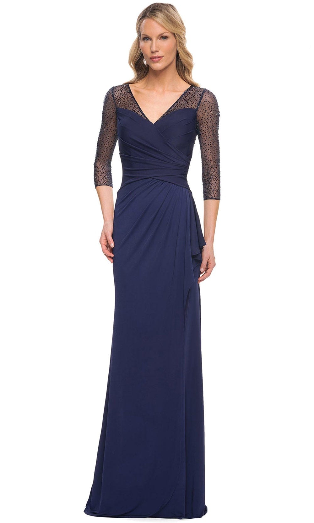 Image of La Femme 30028 - Beaded Lace Sleeve Ruffled Long Dress