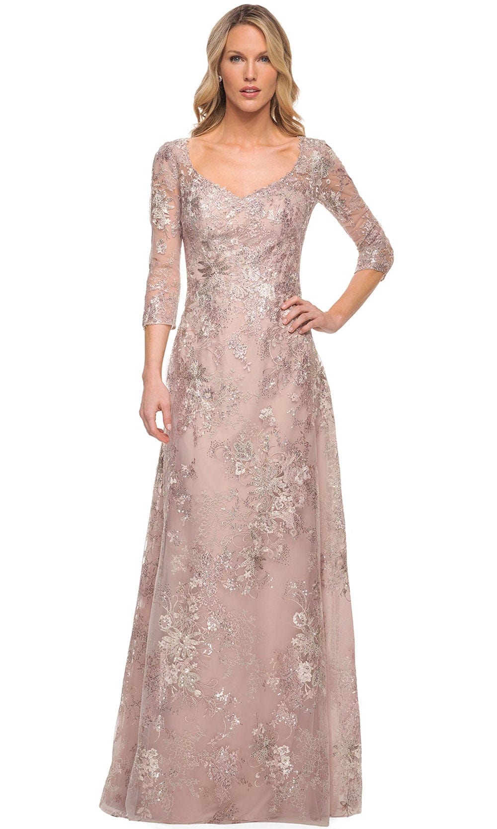 Image of La Femme 30054 - Embroidered V-Neckline A-Line Dress