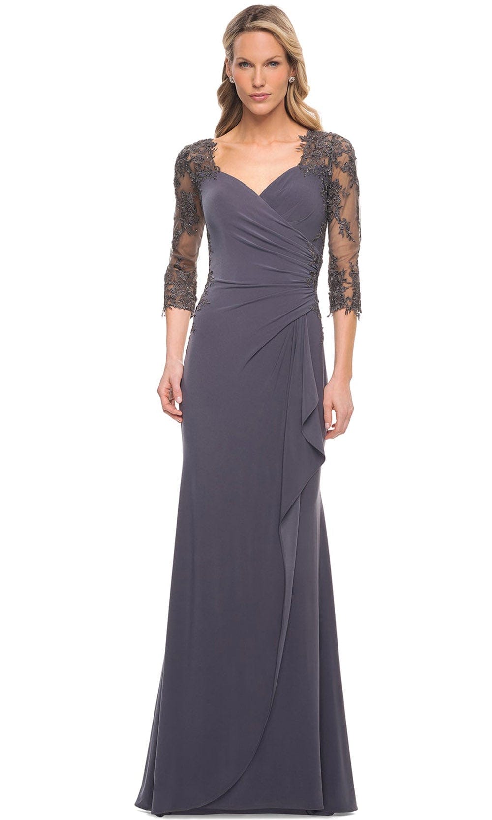 Image of La Femme 30384 - Lace Covered Sleeves Net Jersey Gown