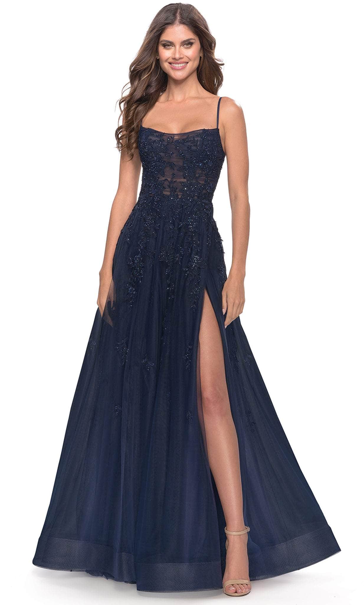 Image of La Femme 31381 - Lace-Up Open Back Beaded Tulle Gown