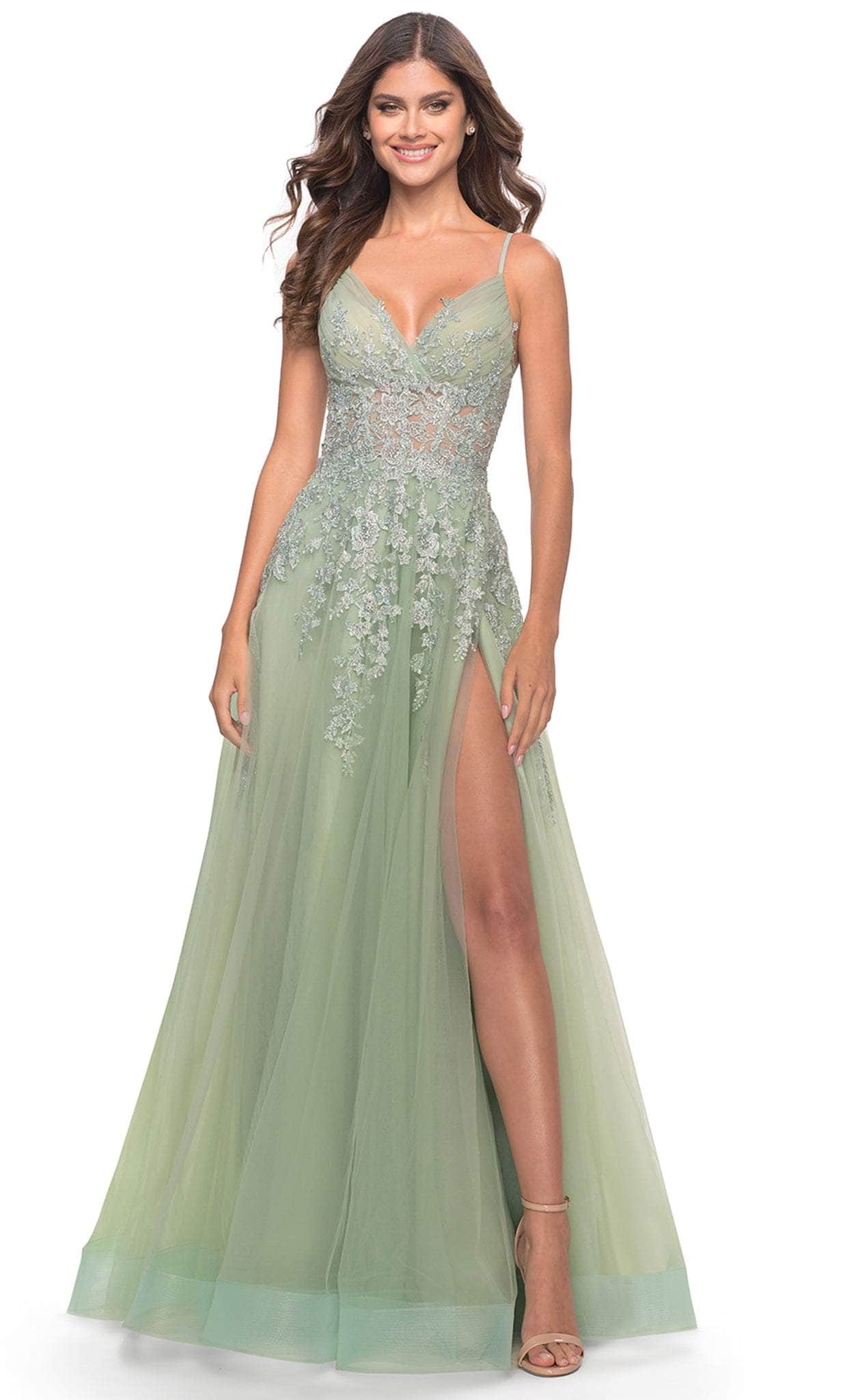 Image of La Femme 31393 - Sweetheart Floral Applique Long Prom Dress