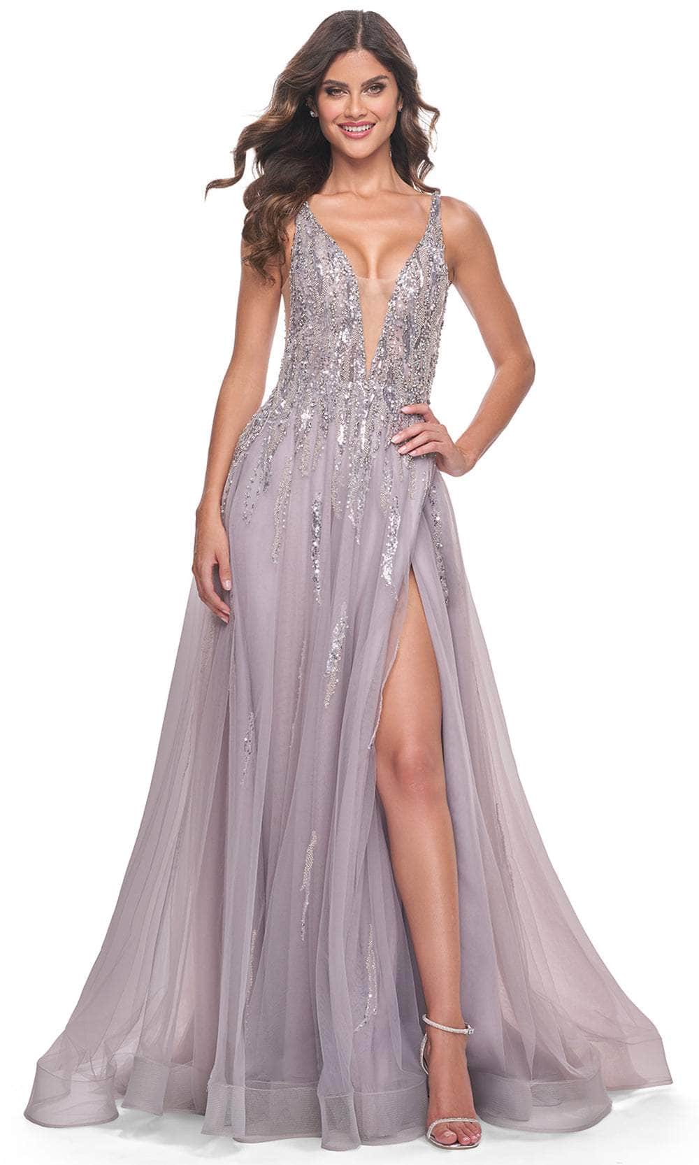 Image of La Femme 31995 - Plunging V-Neck Sequin Tulle Prom Gown