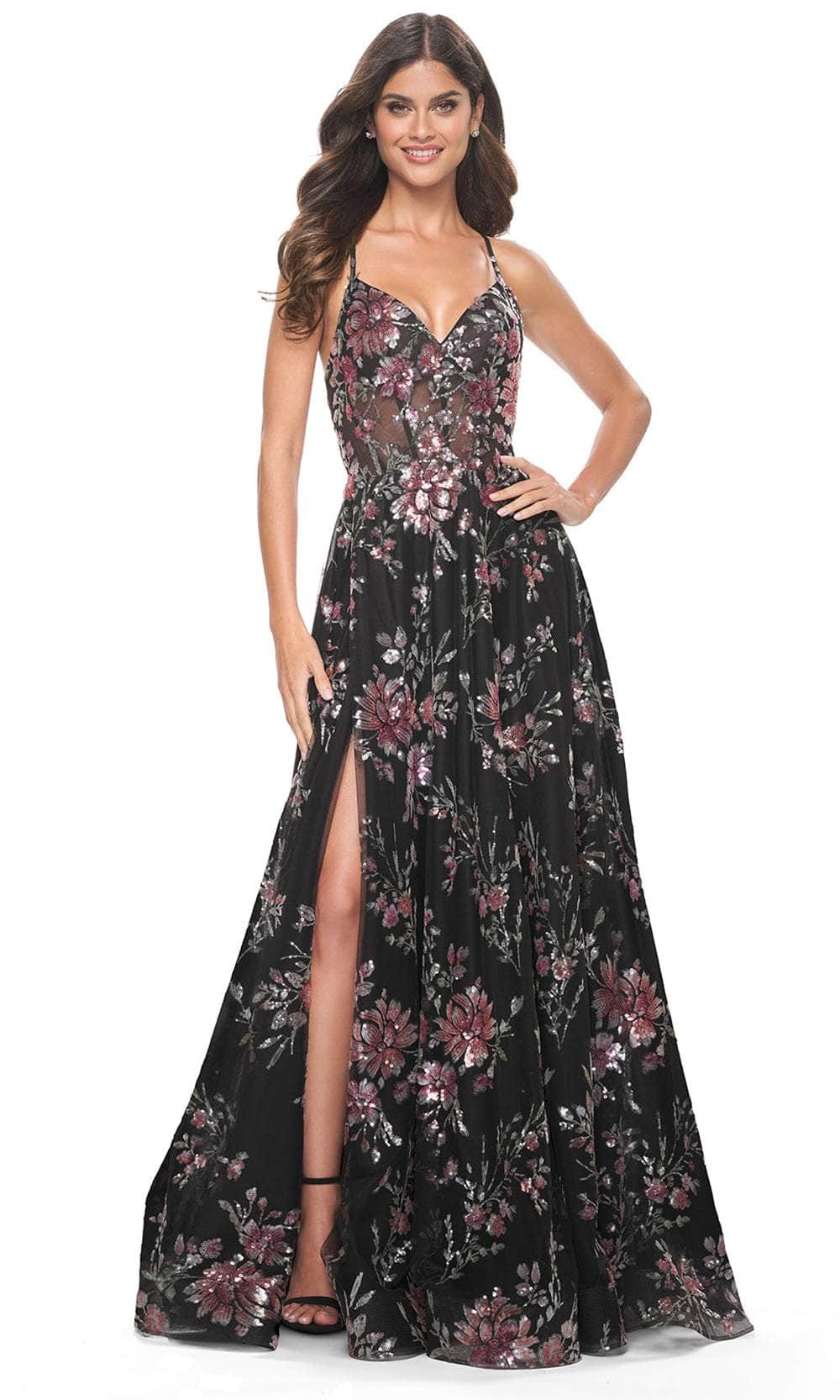 Image of La Femme 32031 - V-Neck Floral Sequin Prom Gown