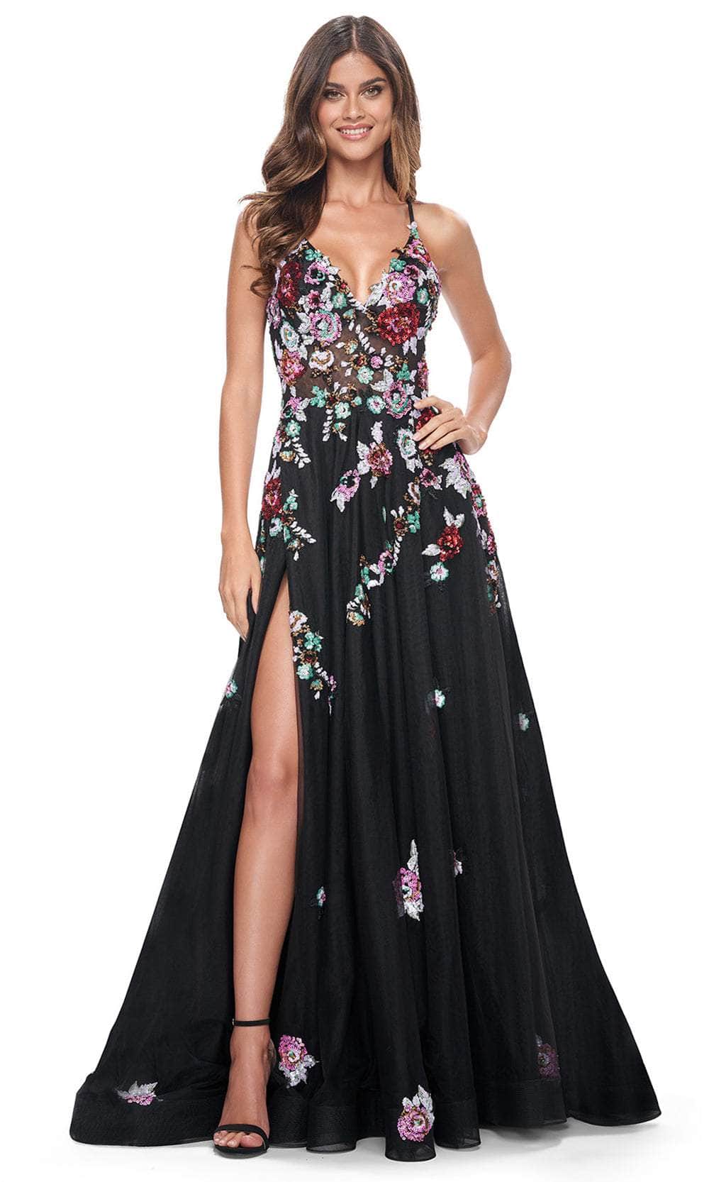 Image of La Femme 32051 - Floral Sequin V-Neck Prom Gown
