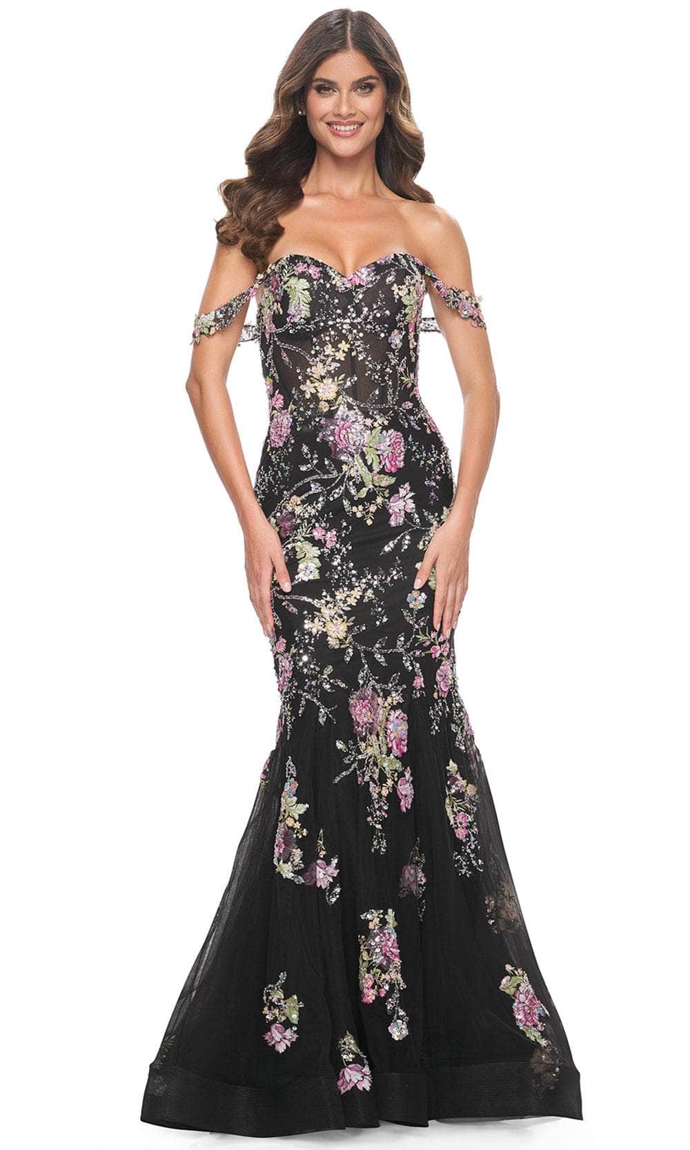 Image of La Femme 32087 - Floral Sequin Embellished Off-Shoulder Prom Gown