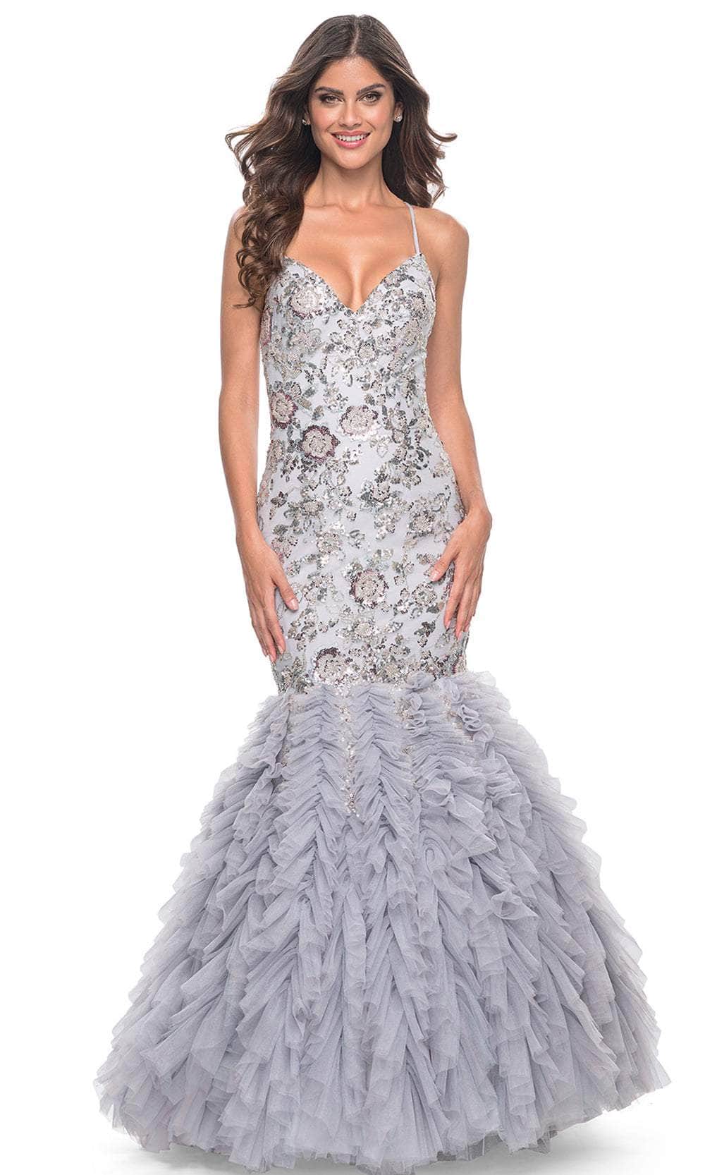 Image of La Femme 32105 - Lace-Up Back Ruffled Mermaid Prom Gown