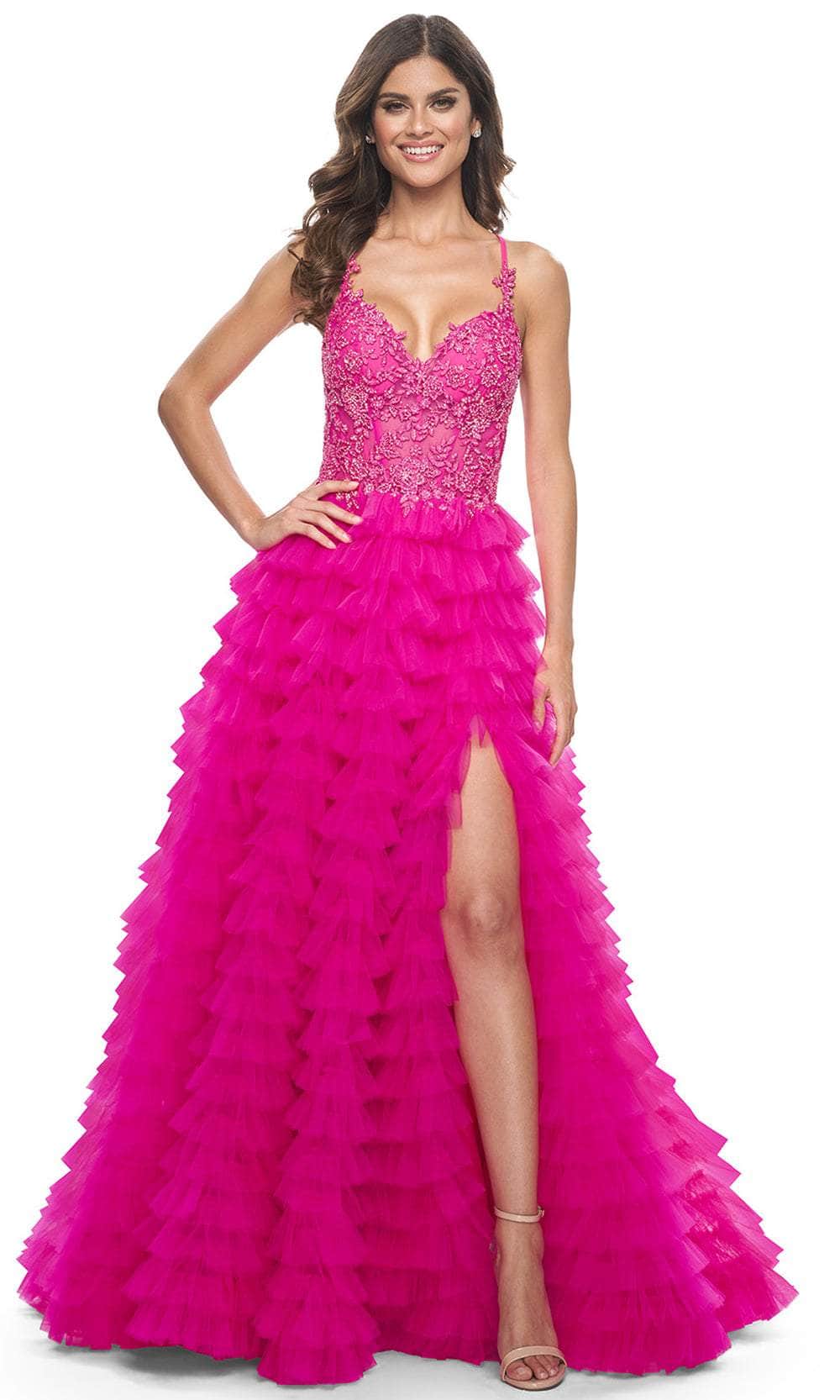 Image of La Femme 32334 - Lace Applique Ruffled A-Line Prom Gown