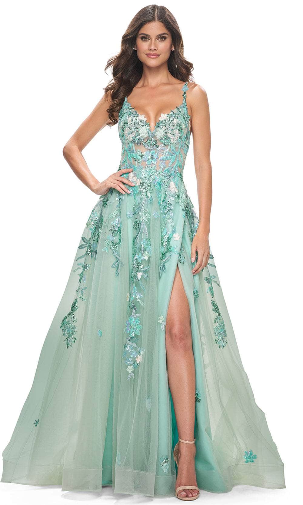 Image of La Femme 32347 - Sleeveless Lace Applique Prom Gown