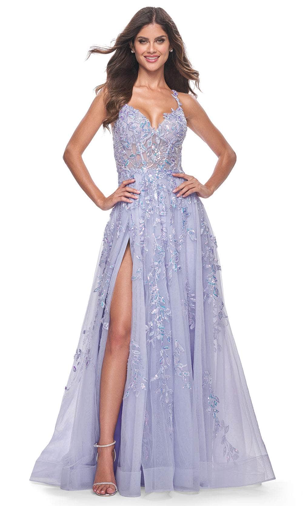 Image of La Femme 32349 - V-Neck Lace Applique Prom Gown