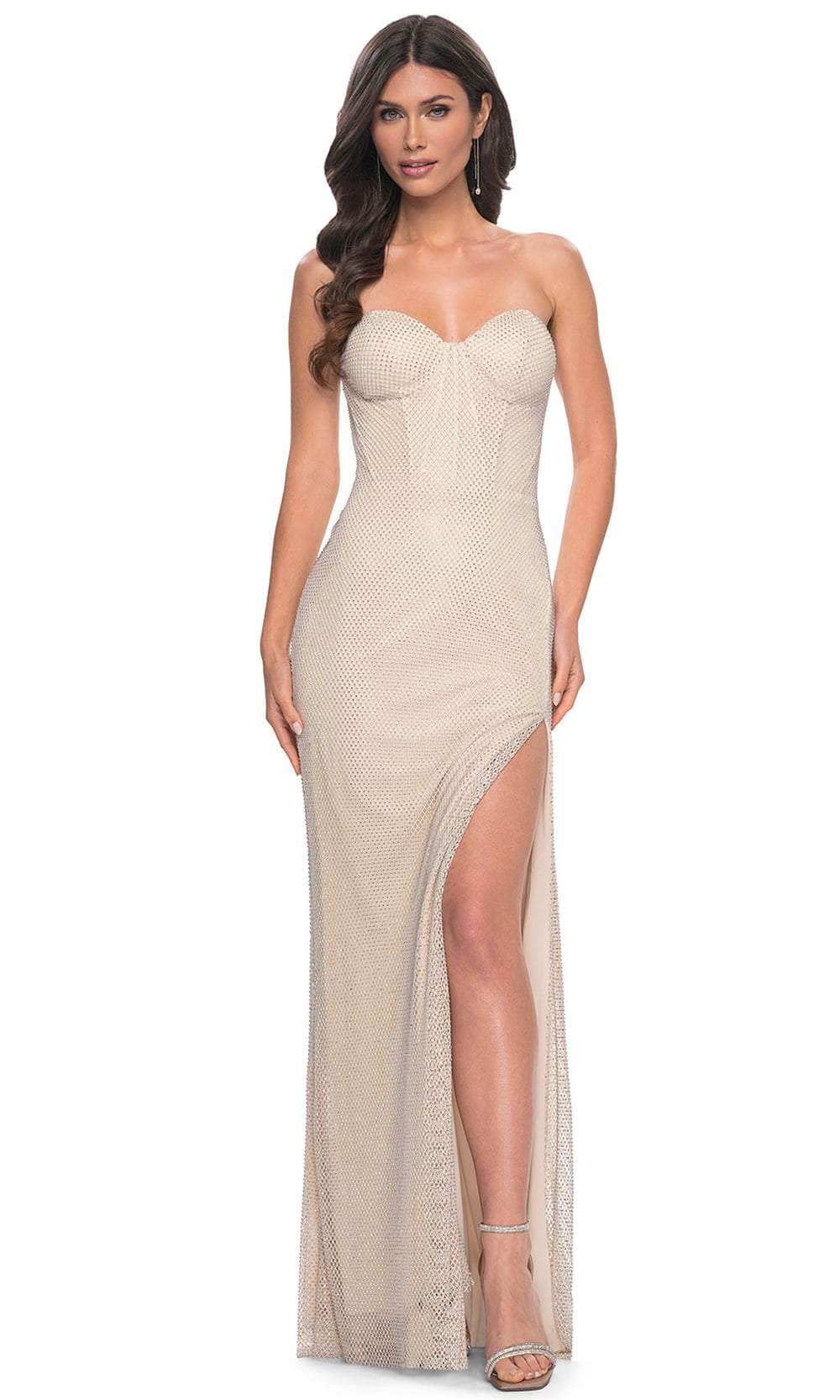 Image of La Femme 32414 - Hot Stone Fishnet Strapless Prom Dress