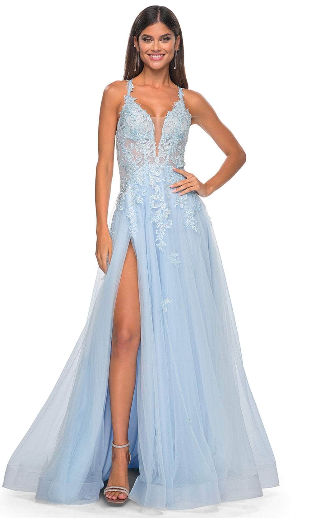 Image of La Femme 32438 - Lace Applique Deep V-Neck Prom Gown