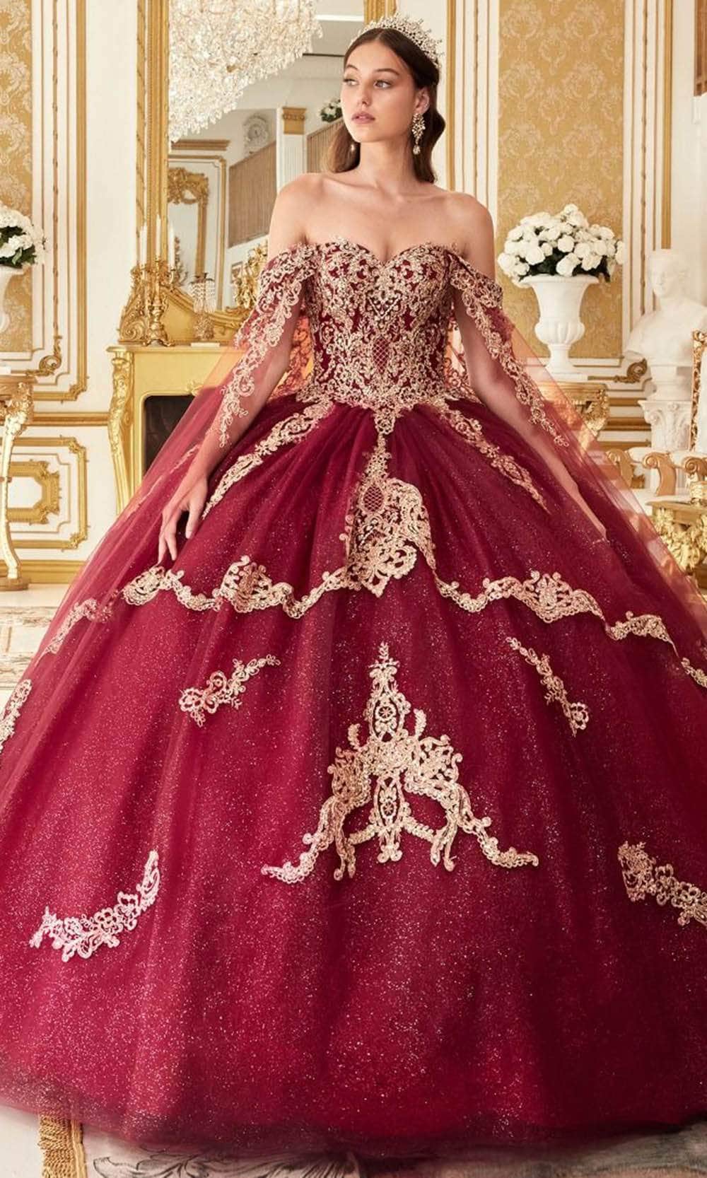 Image of Ladivine 15711 - Lace Applique Embellished Off-Shoulder Ballgown