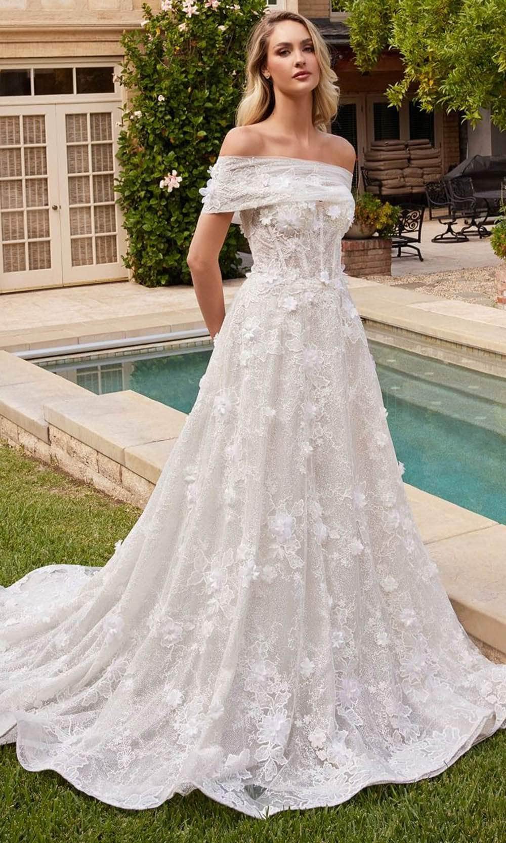 Image of Ladivine CD860W - Floral Applique Embellished Strapless Bridal Dress