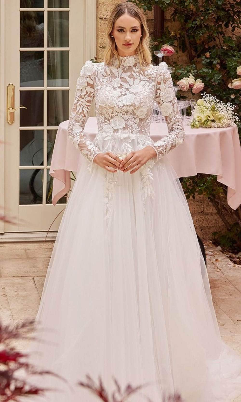Image of Ladivine CDS433W - Long Sleeve Lace Applique Bridal Gown