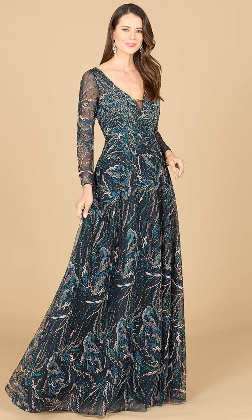 Image of Lara Dresses 29153 - Sheer Long Sleeve Embroidered Ballgown