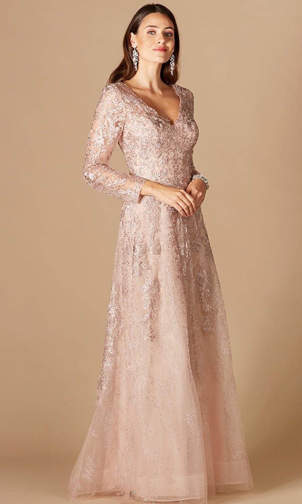 Image of Lara Dresses 29326 - Floral Laced Plunging V Neck Long Sleeve Gown
