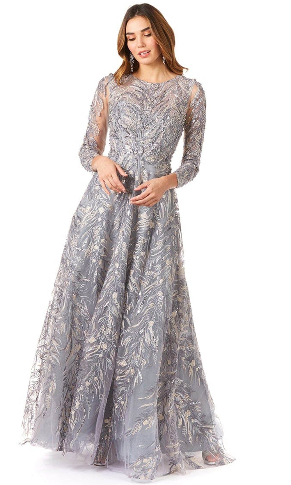 Image of Lara Dresses 29353 - Floral Beaded Sheer Bateau Long Sleeved Dress