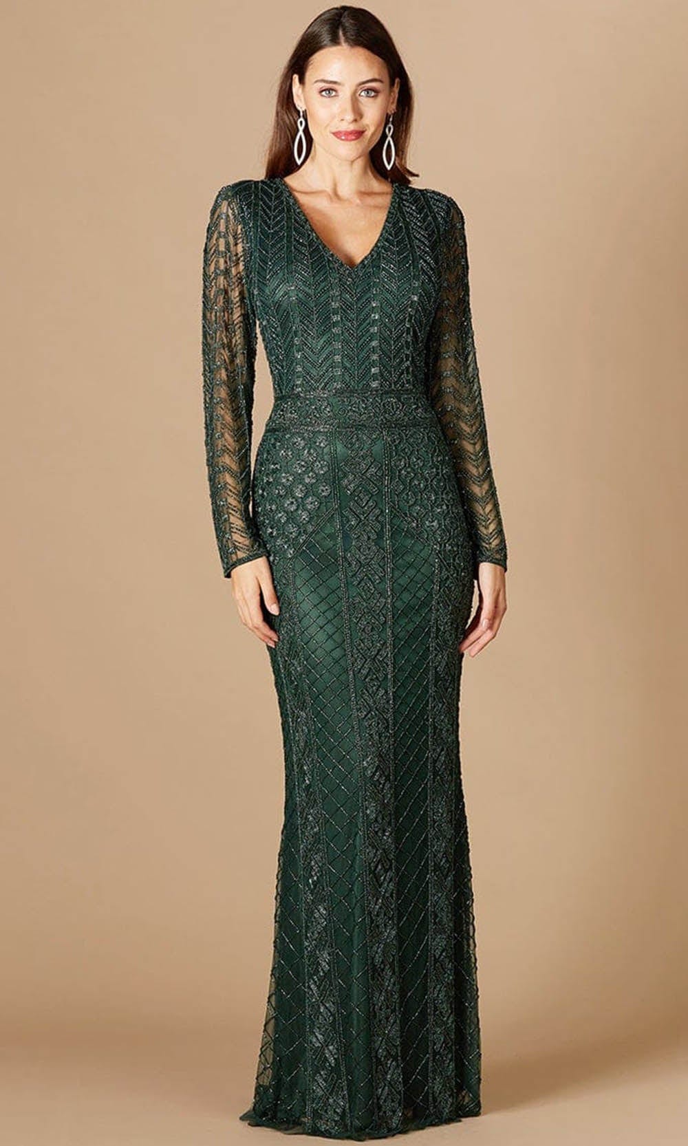 Image of Lara Dresses 29365 - Plunging V Neck Sheered Long Sleeve Evening Gown