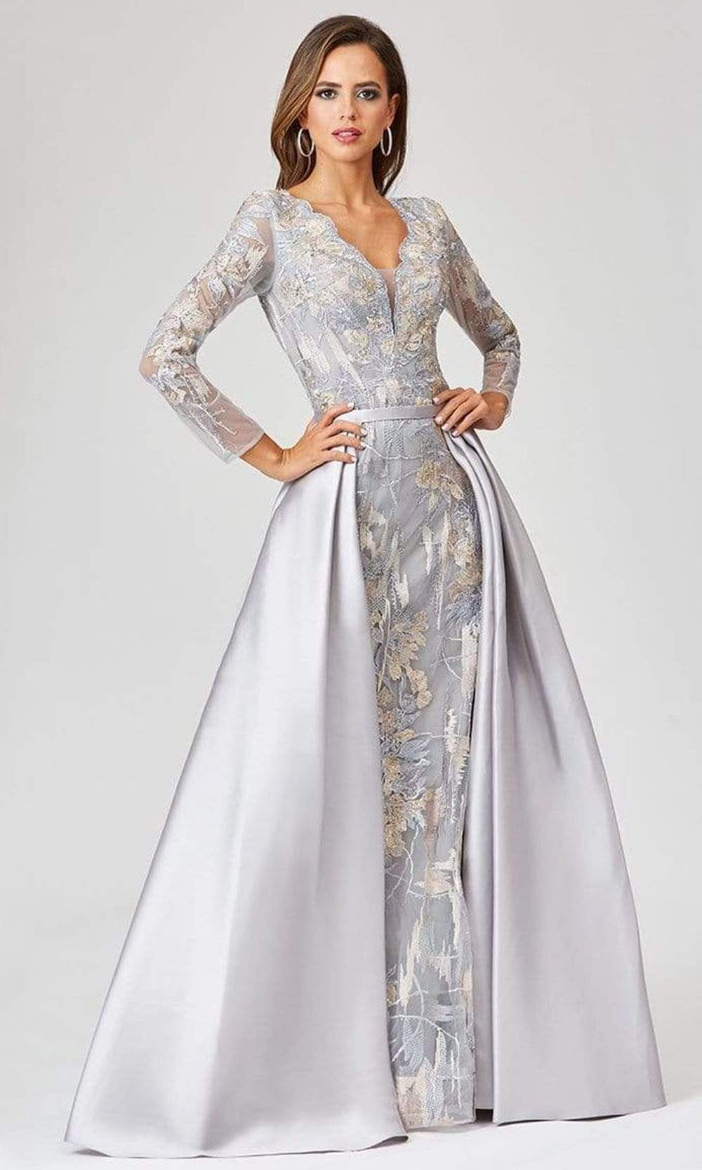 Image of Lara Dresses - 29468 Scalloped V-Neck Embroidered Overskirt Gown