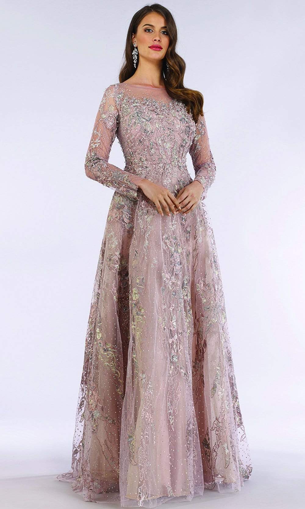 Image of Lara Dresses - 29618 Illusion Long Sleeve Beaded Adorned Evening Gown