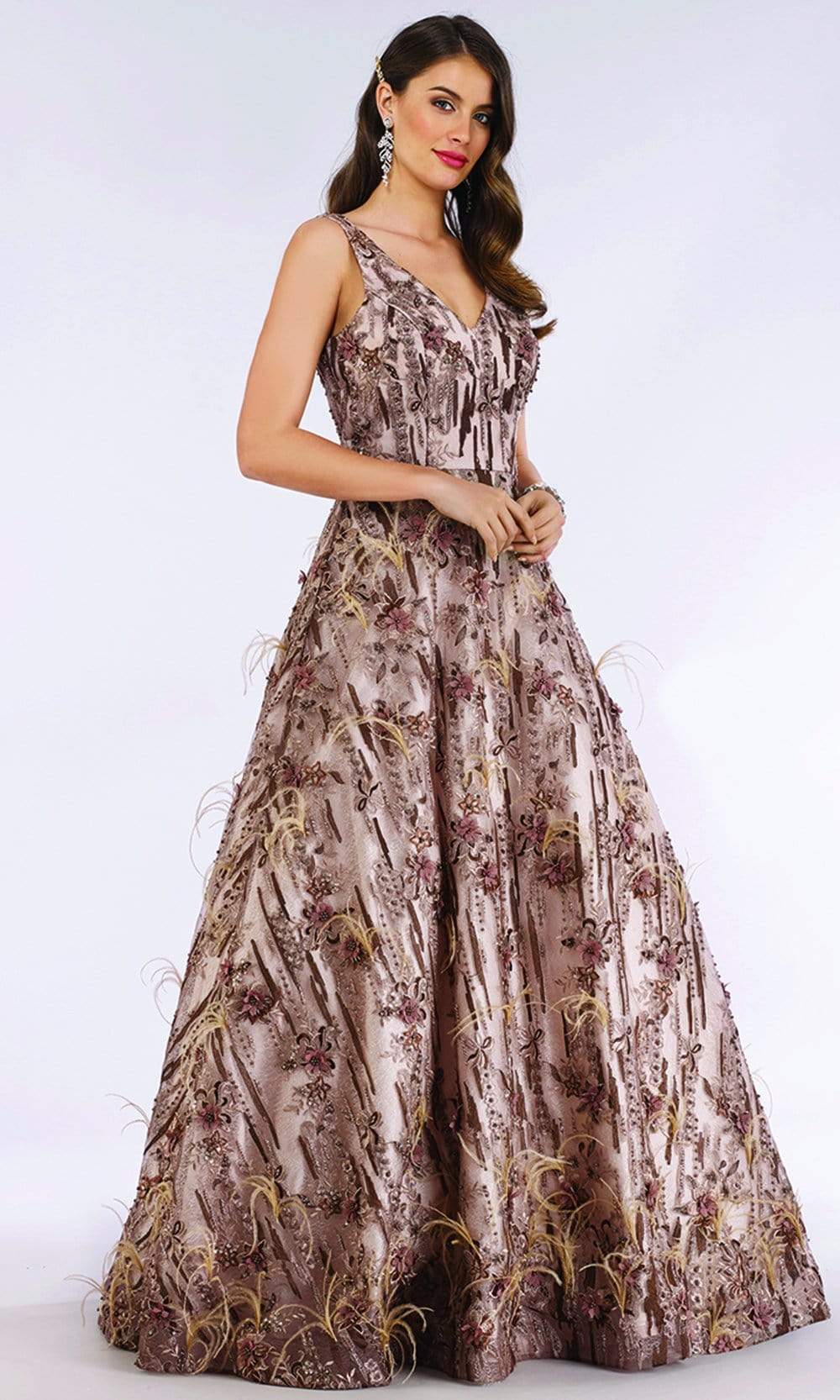 Image of Lara Dresses - 29630 Floral Accent Beaded Feather Adorned Evening Gown