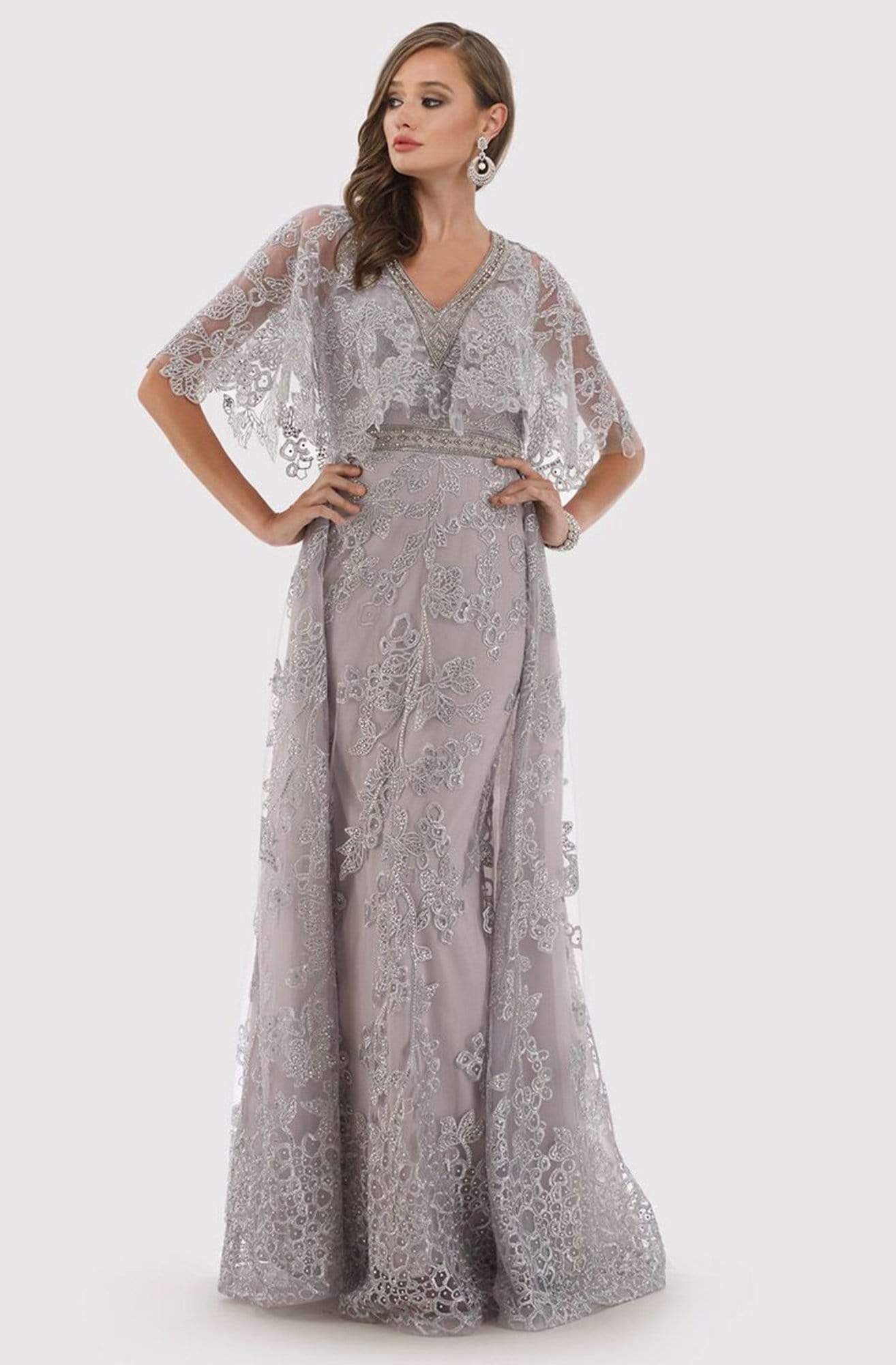 Image of Lara Dresses - 29799 Lace Appliqued Cape Sleeve Gown with Overskirt