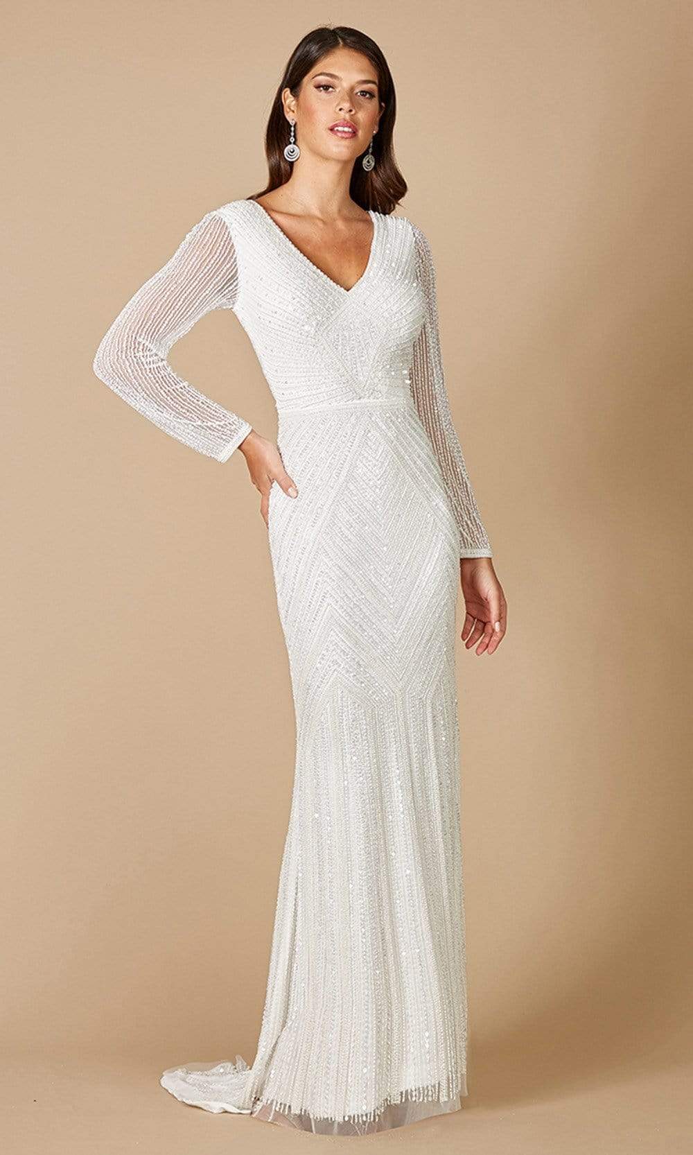 Image of Lara Dresses - 51088 Long Sleeve Embellished Column Gown