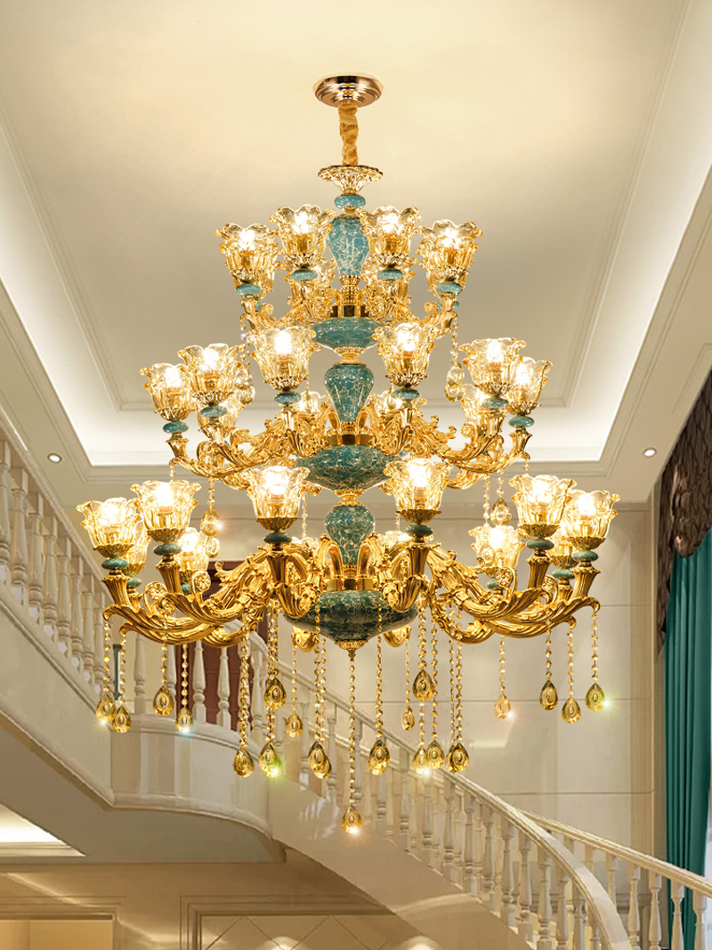 Image of Living Room Three-story Large Gold Chandelier Crystal Pendant Lamp Duplex Building Hotel Club Hall Stair Ceramic Chandeliers Lighting
