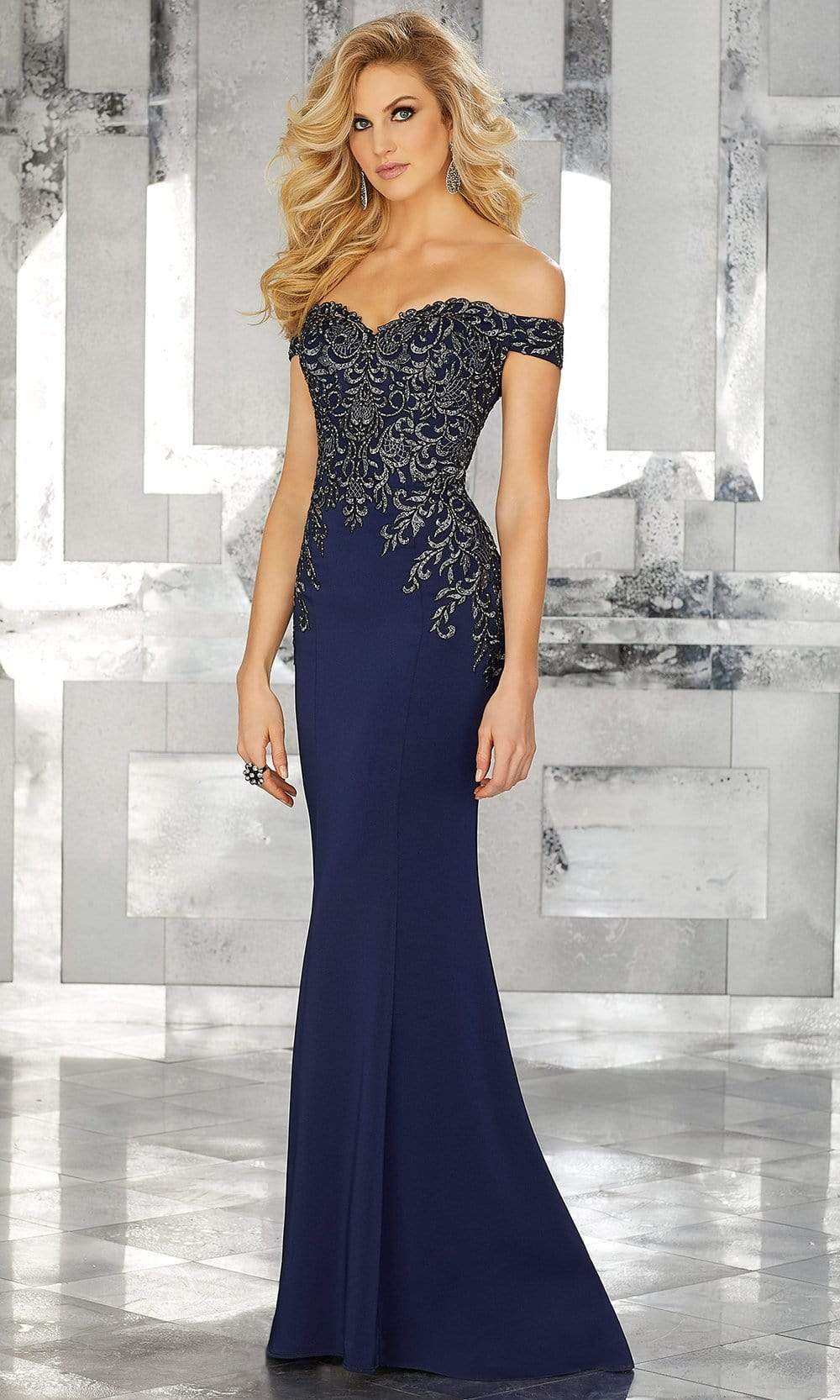 Image of MGNY By Mori Lee - 71616 Embroidered Off-Shoulder Trumpet Dress
