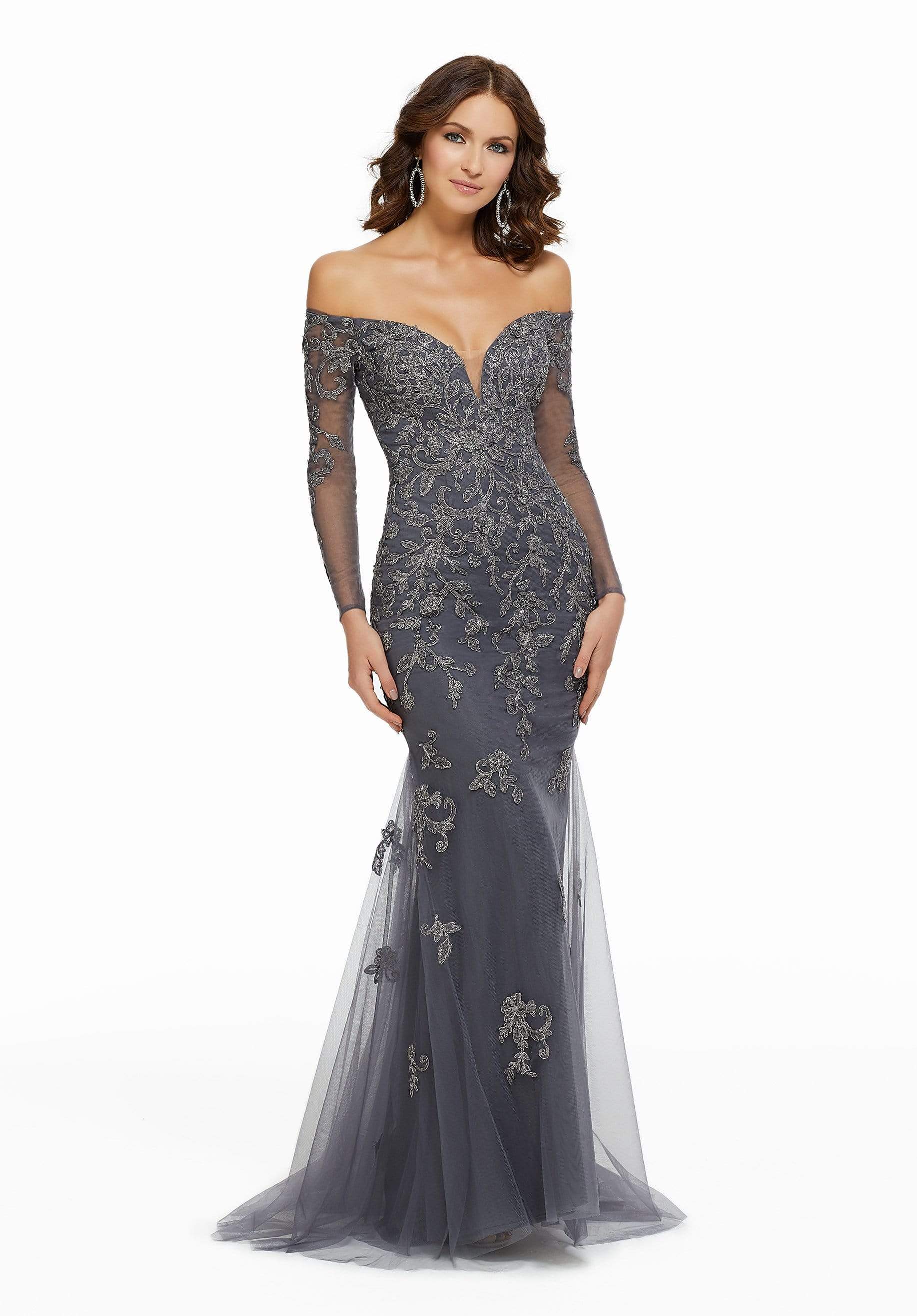 Image of MGNY By Mori Lee - 72015 Metallic Lace Off-Shoulder Trumpet Dress