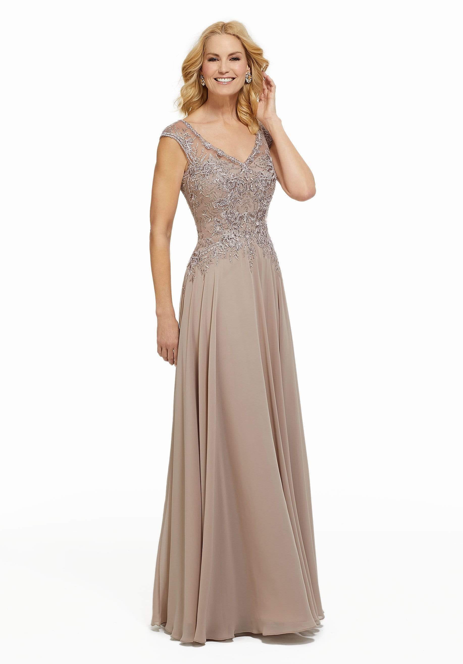 Image of MGNY By Mori Lee - 72021 Beaded Lace V-neck A-line Chiffon Gown