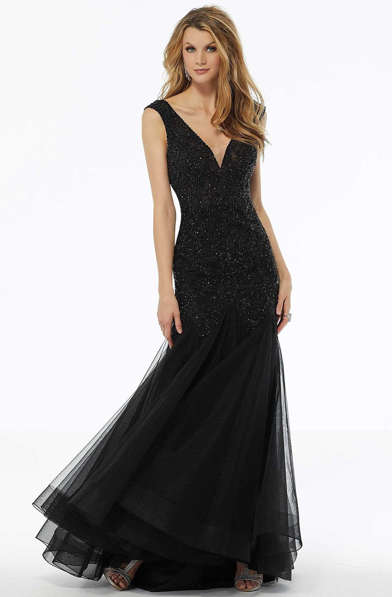 Image of MGNY By Mori Lee - 72103 Beaded Plunging V-Neck Trumpet Dress