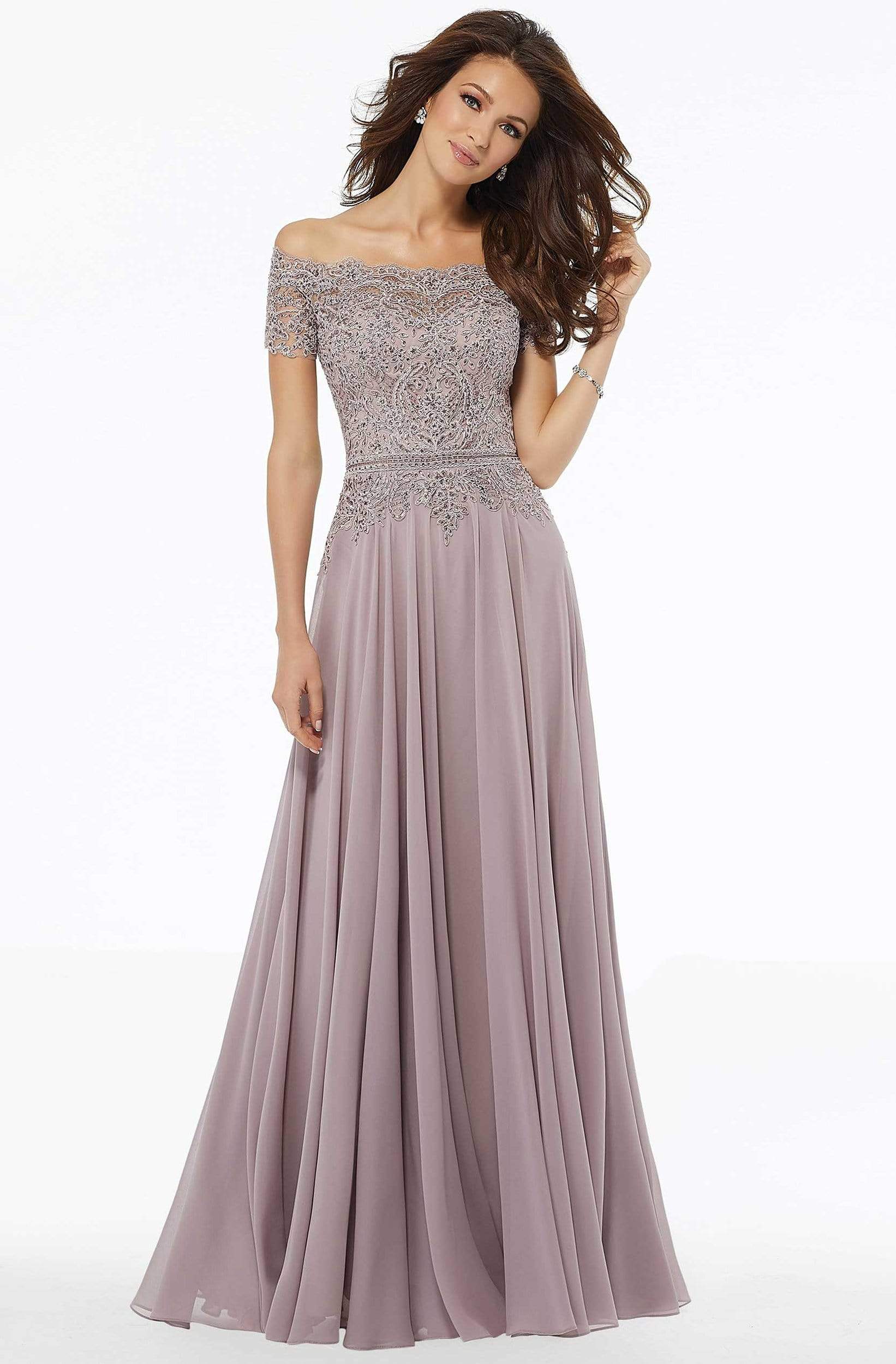 Image of MGNY By Mori Lee - 72133 Off Shoulder Lace Appliqued Chiffon Dress