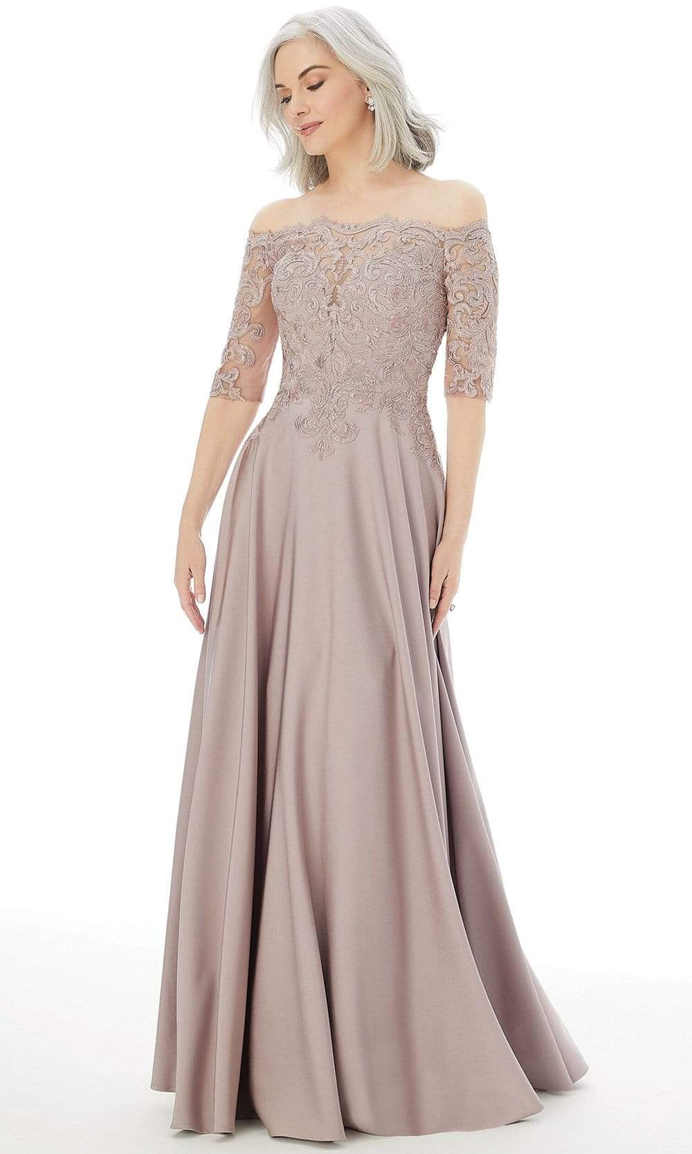 Image of MGNY By Mori Lee - 72220 Off Shoulder Embroidered Lace Crepe Gown