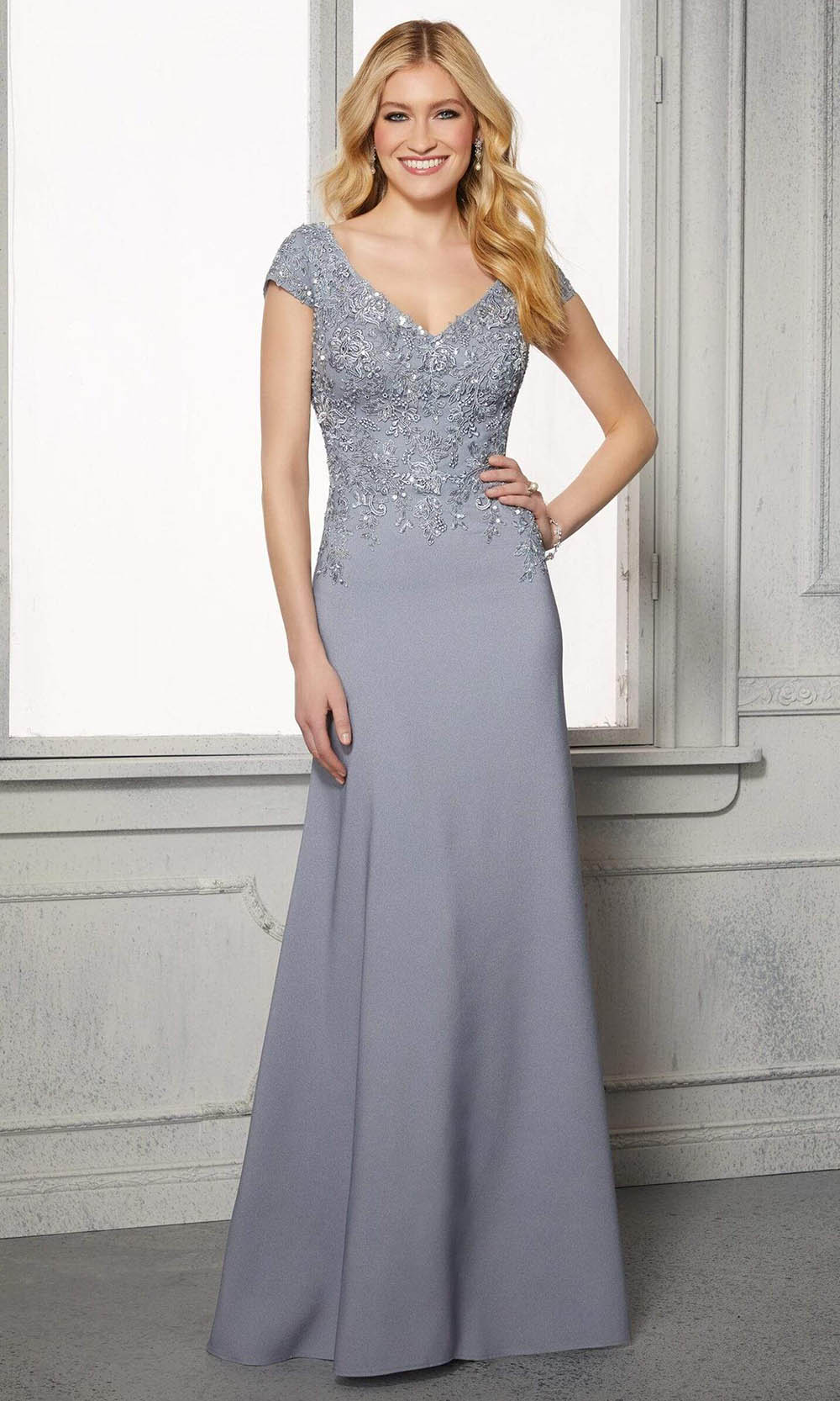 Image of MGNY By Mori Lee - 72421 Cap Sleeves A-Line Evening Dress