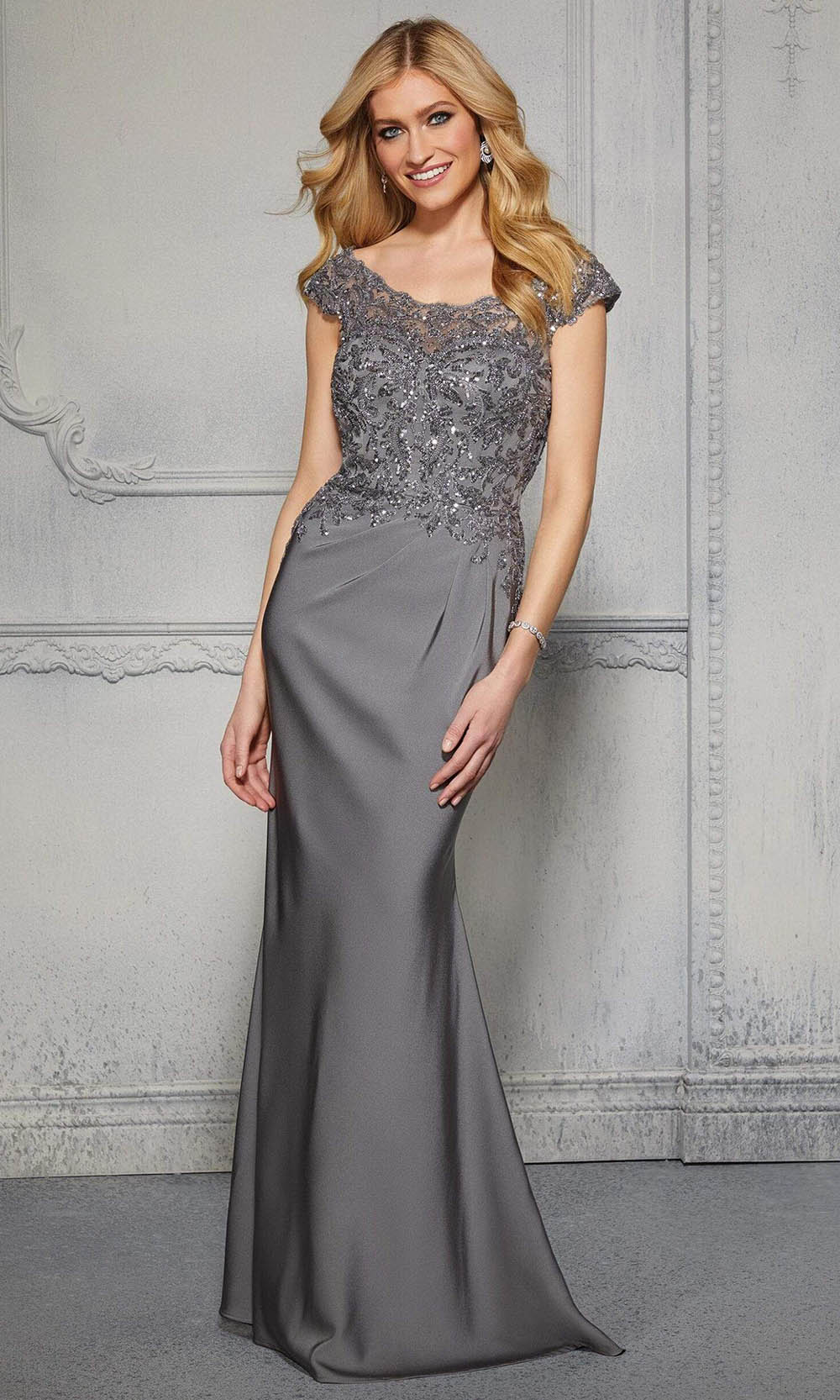 Image of MGNY By Mori Lee - 72425 Cap Sleeve Sequined Crepe Evening Gown
