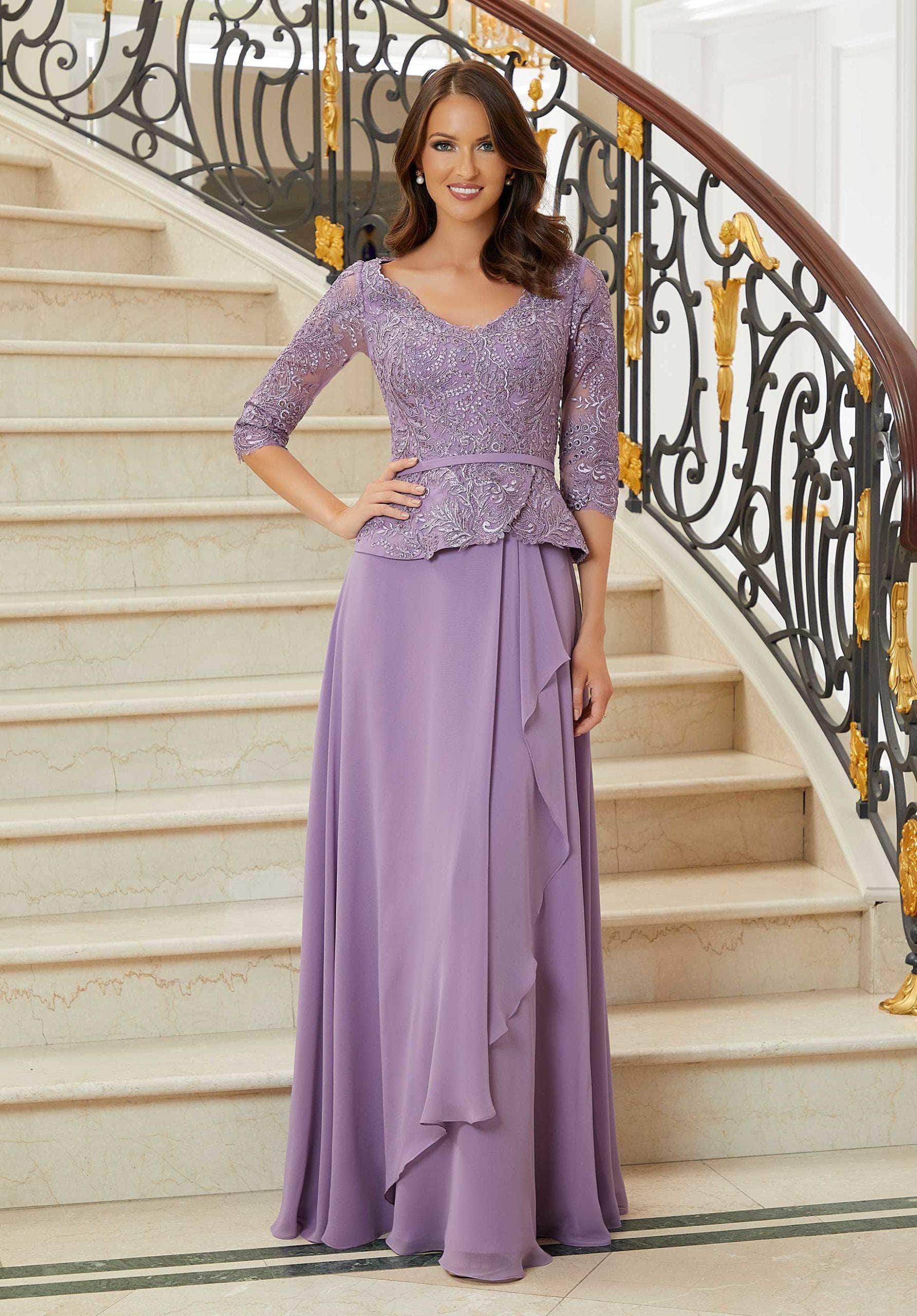Image of MGNY By Mori Lee 72720 - Laced Quarter Sleeve Evening Gown
