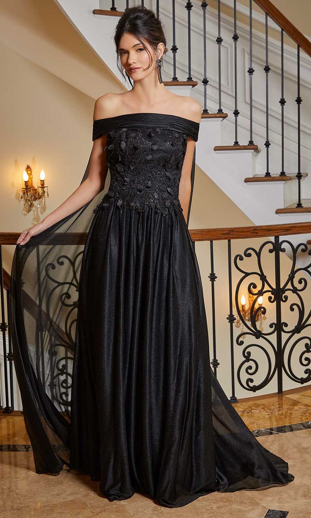 Image of MGNY By Mori Lee 72833 - Off Shoulder Evening Gown With Cape
