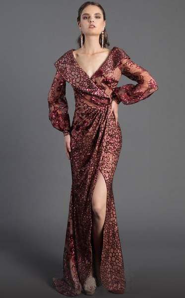 Image of MNM Couture - 2417 Sequined Long Sleeve V-neck Trumpet Dress