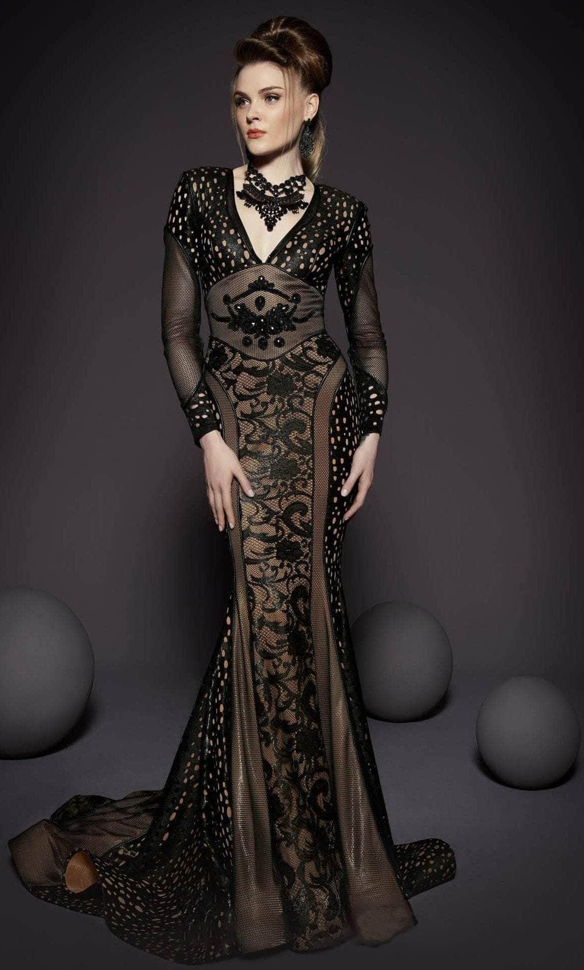 Image of MNM Couture 2468 - Edgy-Style Laced Evening Gown