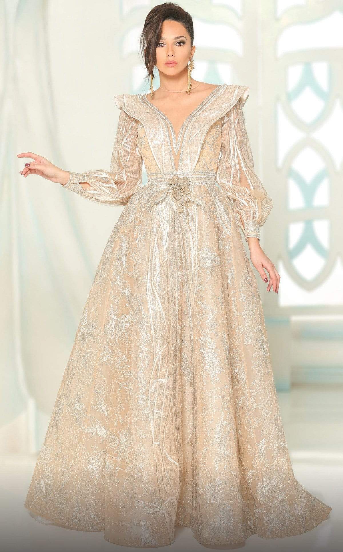 Image of MNM Couture - 2522 Illusion Jewel Lone Sleeves Gown